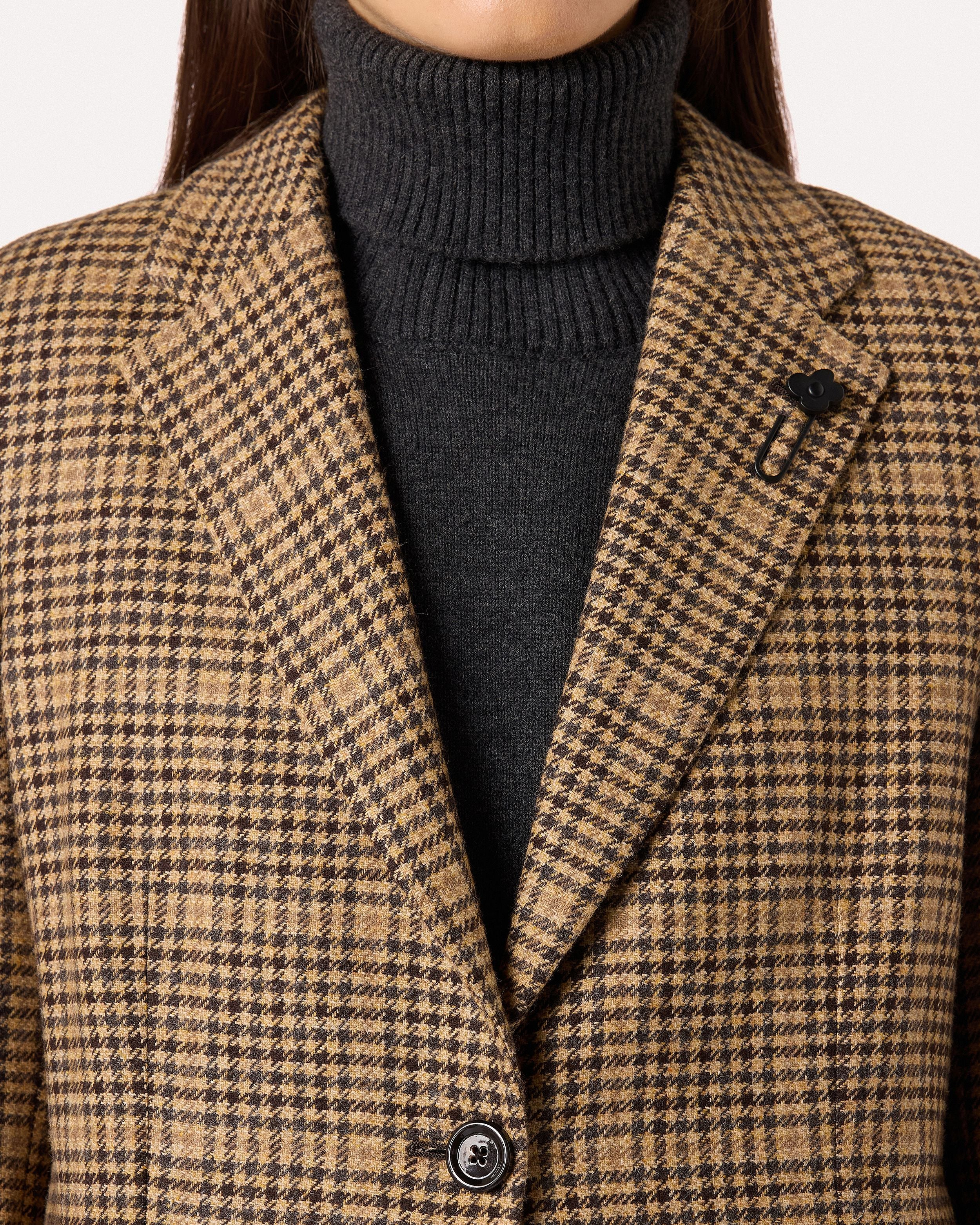 Veste à simple boutonnage marron et noire en laine et cachemire à motif pied-de-poule BEIGE/BROWN/MUSTARD Lardini 3