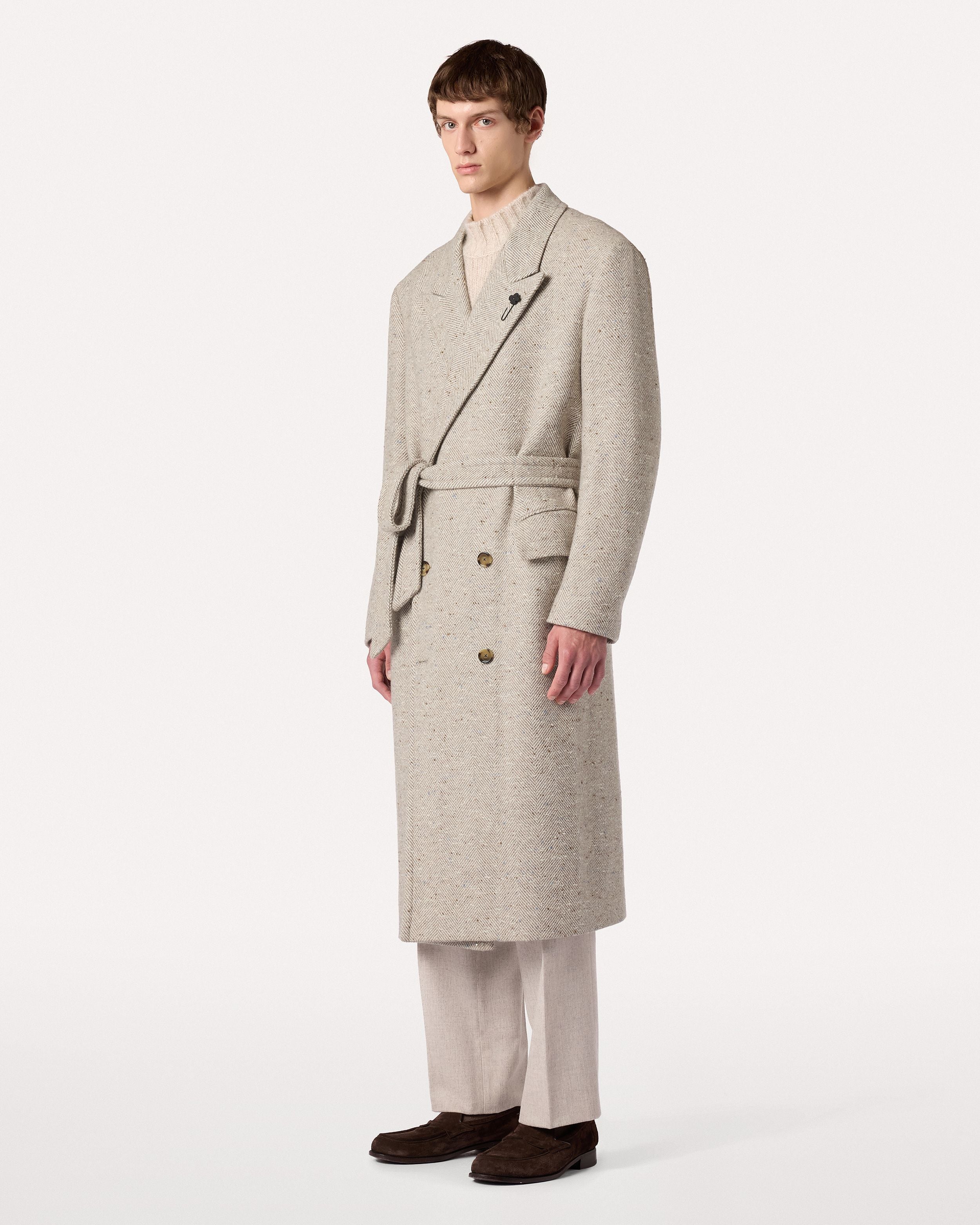 Cappotto doppiopetto con cintura color sabbia in tweed di cashmere CREAM/BEIGE Lardini 4