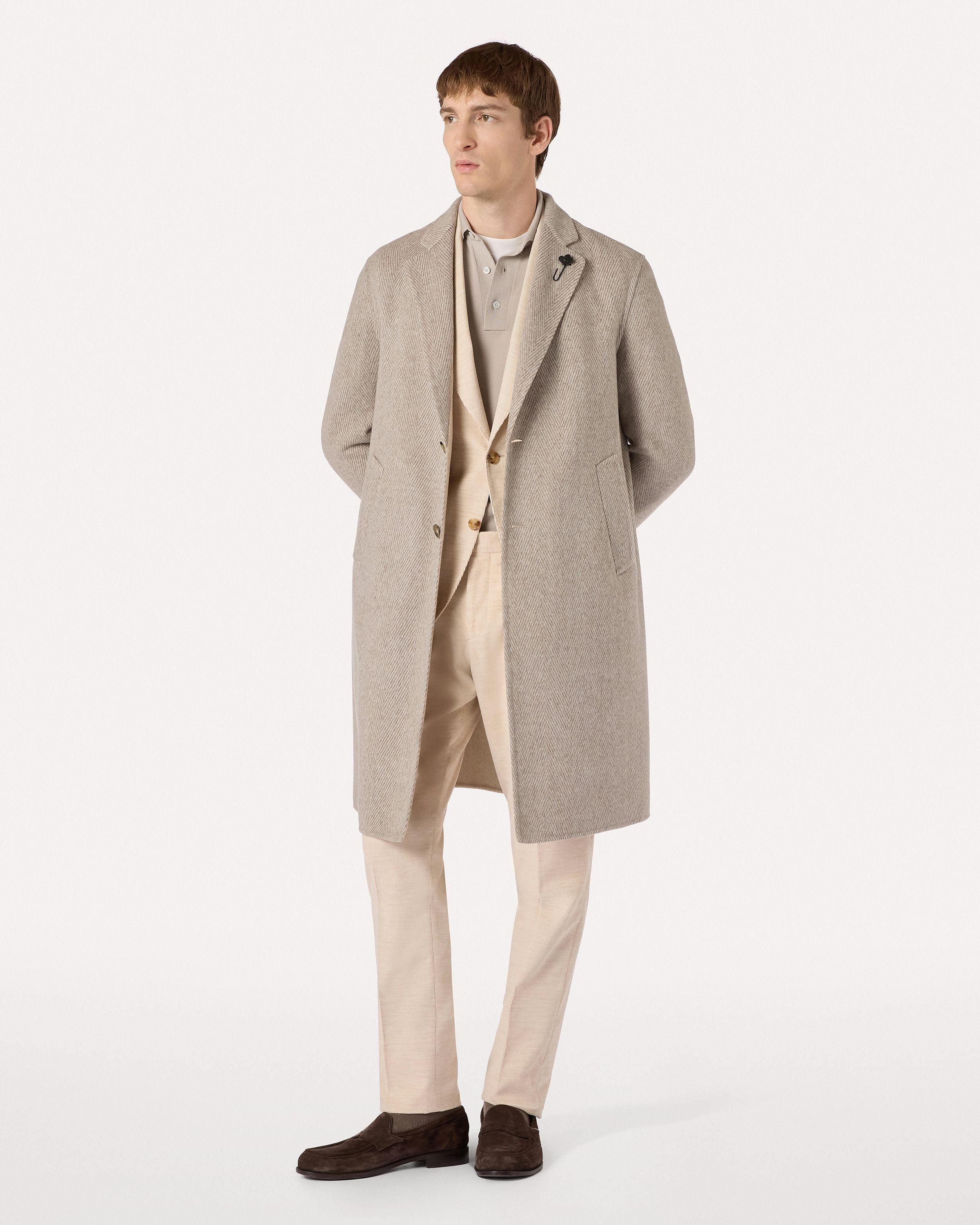 Sand single-breasted coat in herringbone wool and cashmere CREAM/BEIGE/GREY Lardini 2