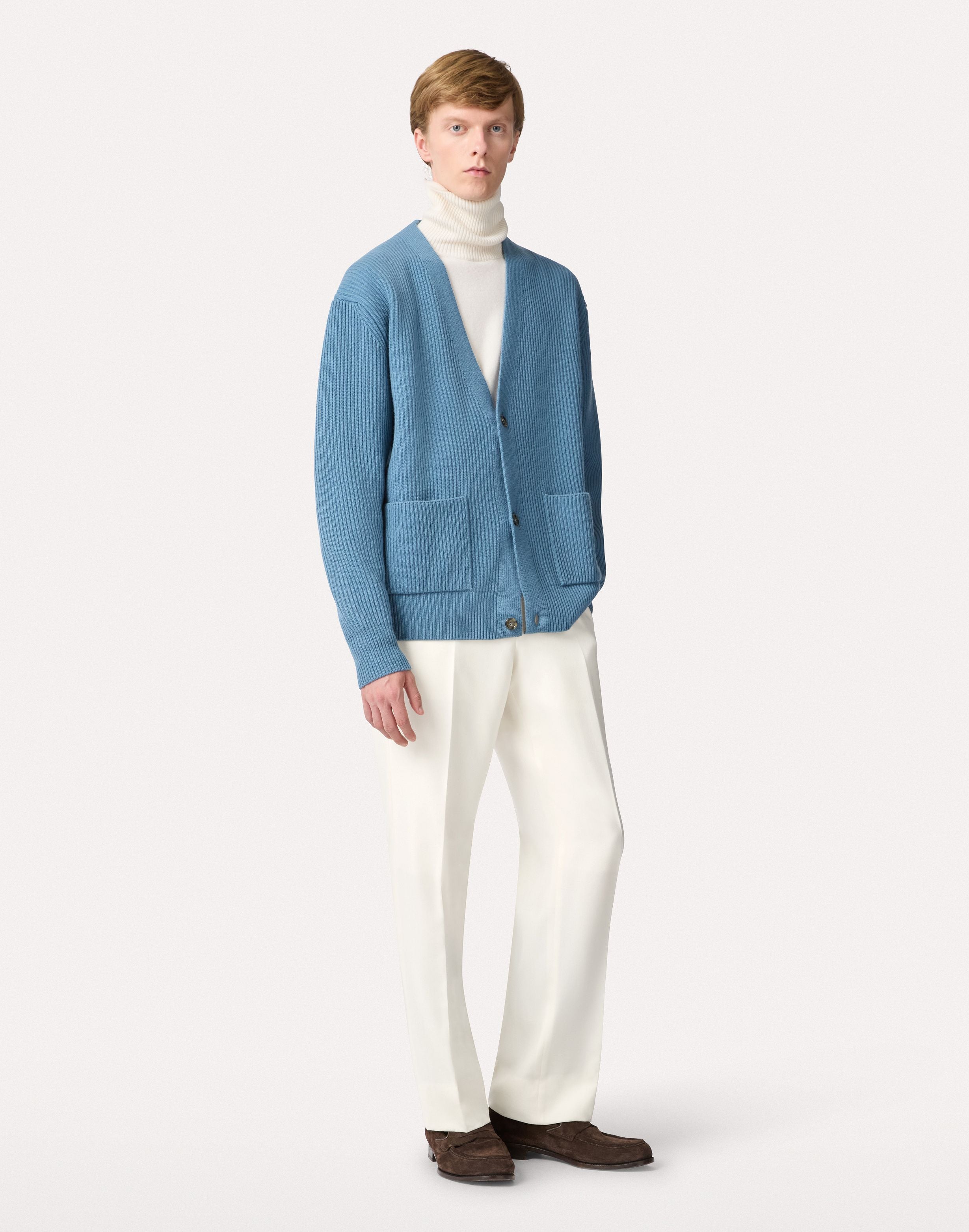 Light blue cardigan in wool and cashmere with English rib LIGHT BLUE Lardini 2