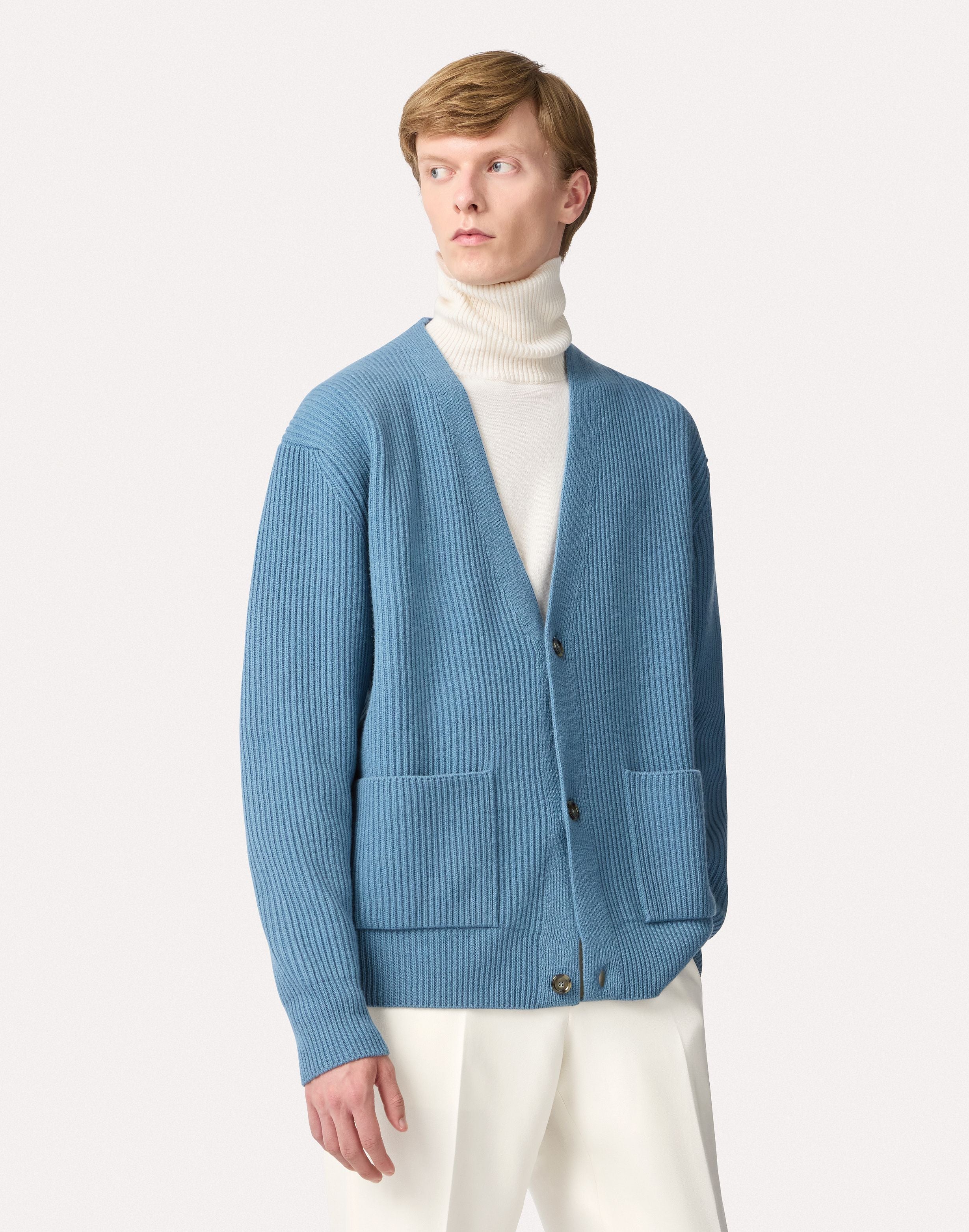 Light blue cardigan in wool and cashmere with English rib LIGHT BLUE Lardini 4
