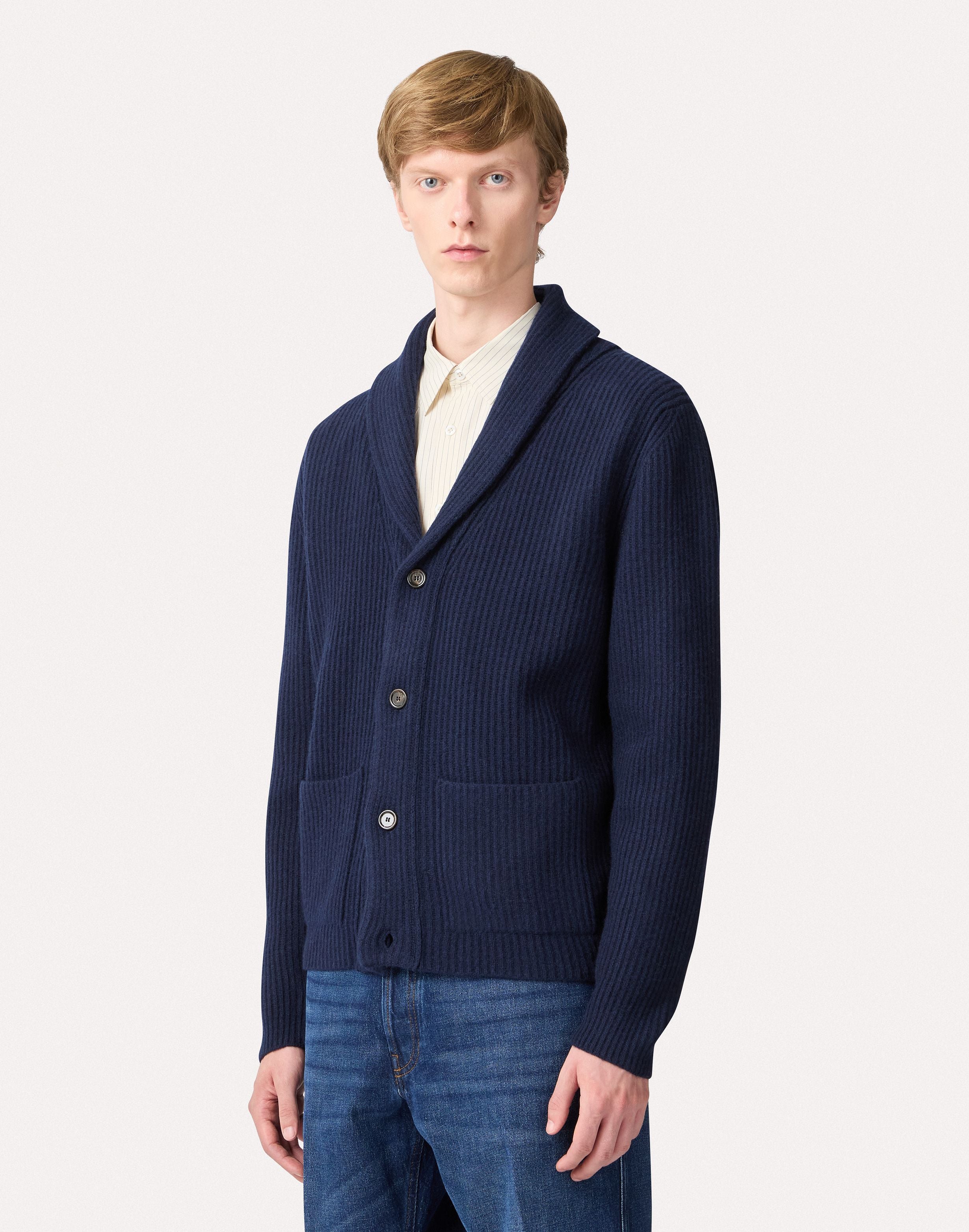 Cardigan blu in lana e cashmere con collo a scialle BLUE Lardini 4
