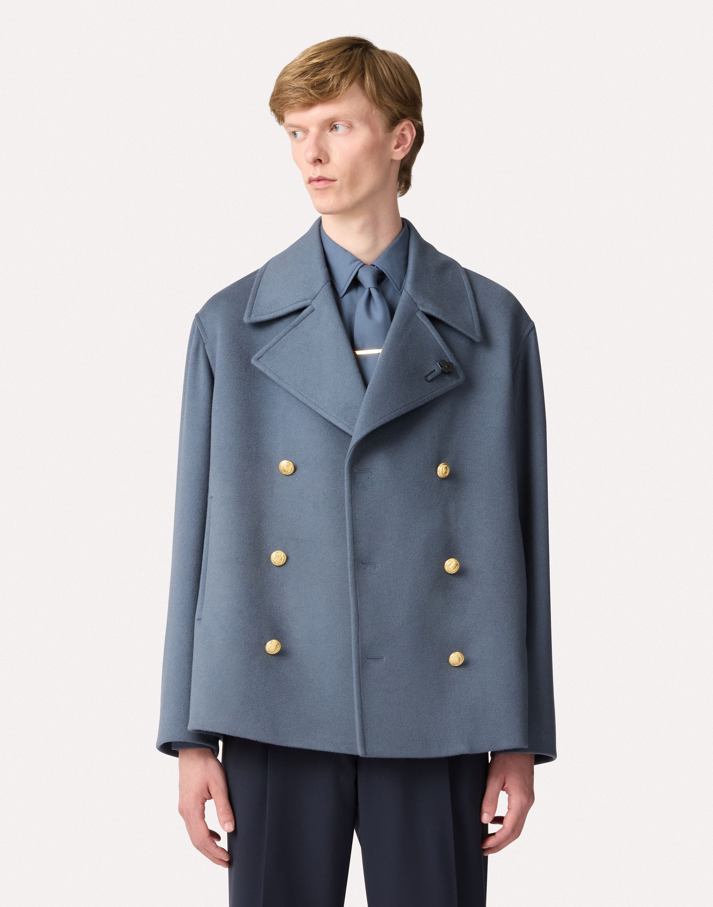 Avio blue double-breasted pea coat in wool fabric AIR FORCE BLUE Lardini 4