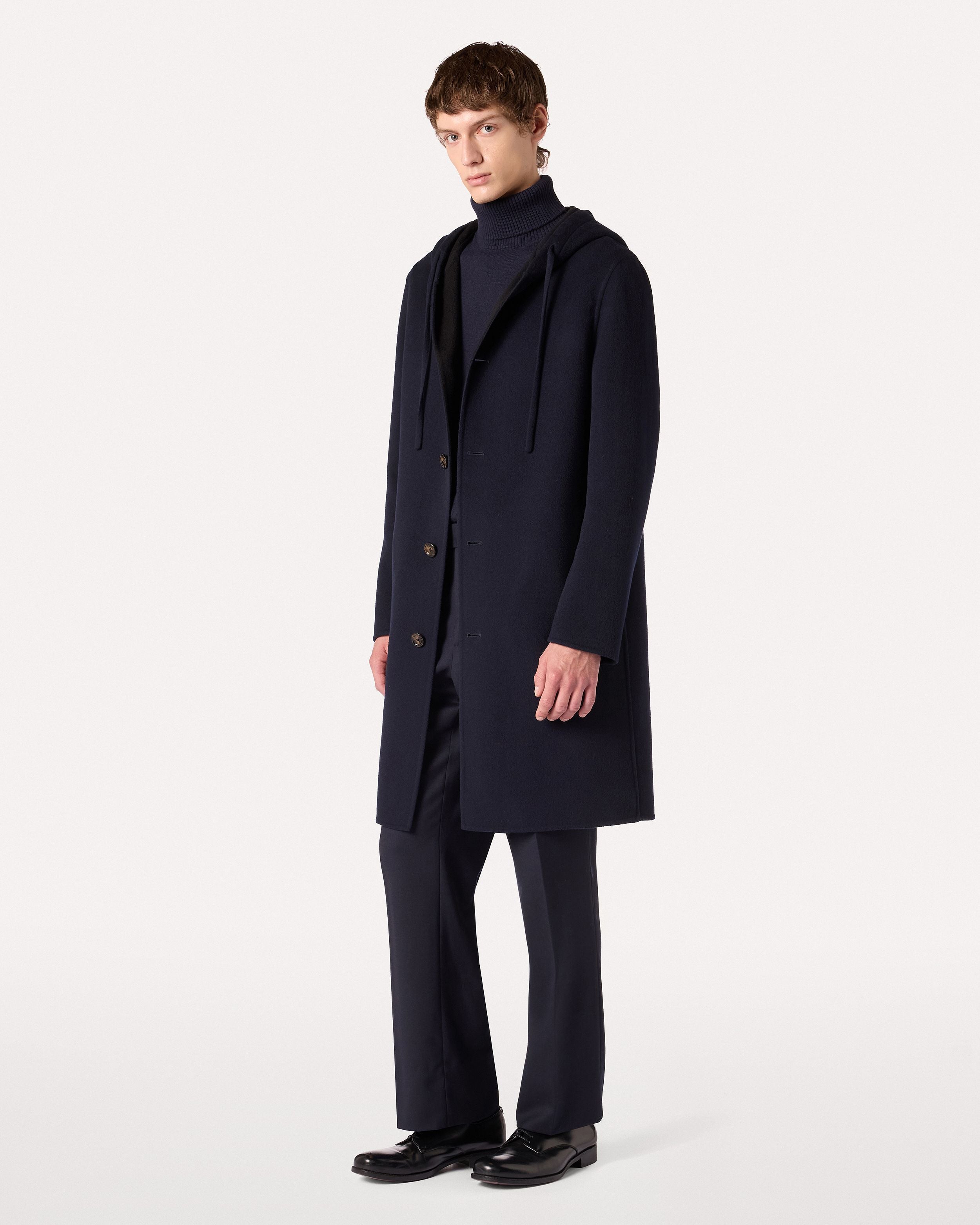 Cappotto monopetto blu con cappuccio e coulisse in lana BLUE/BLACK Lardini 2