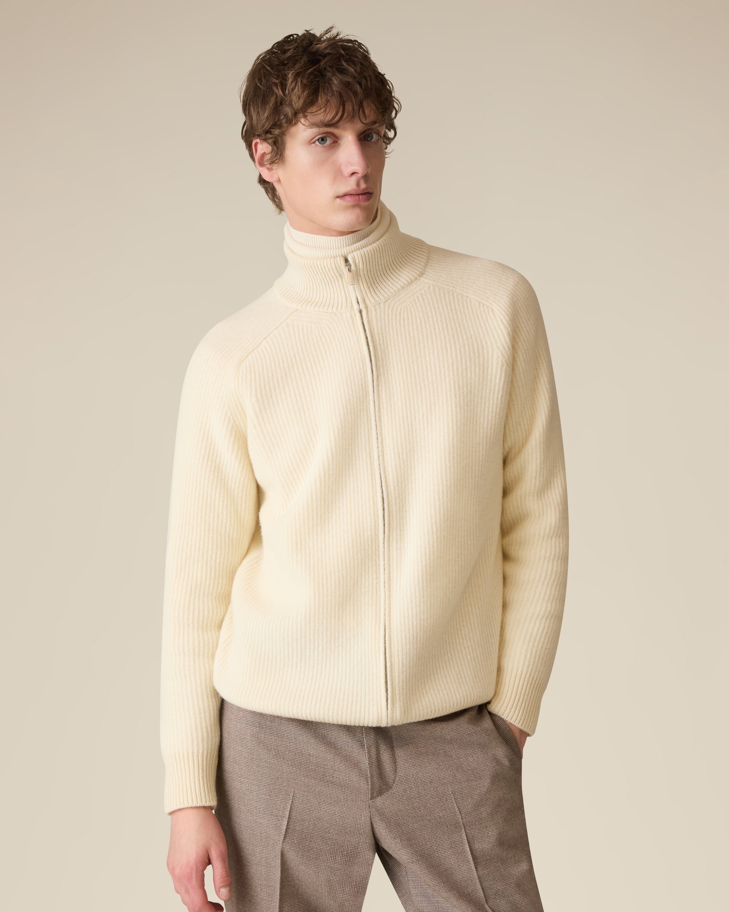 Full-zip wool and cashmere cardigan in cream CREAM/GREY Lardini 3