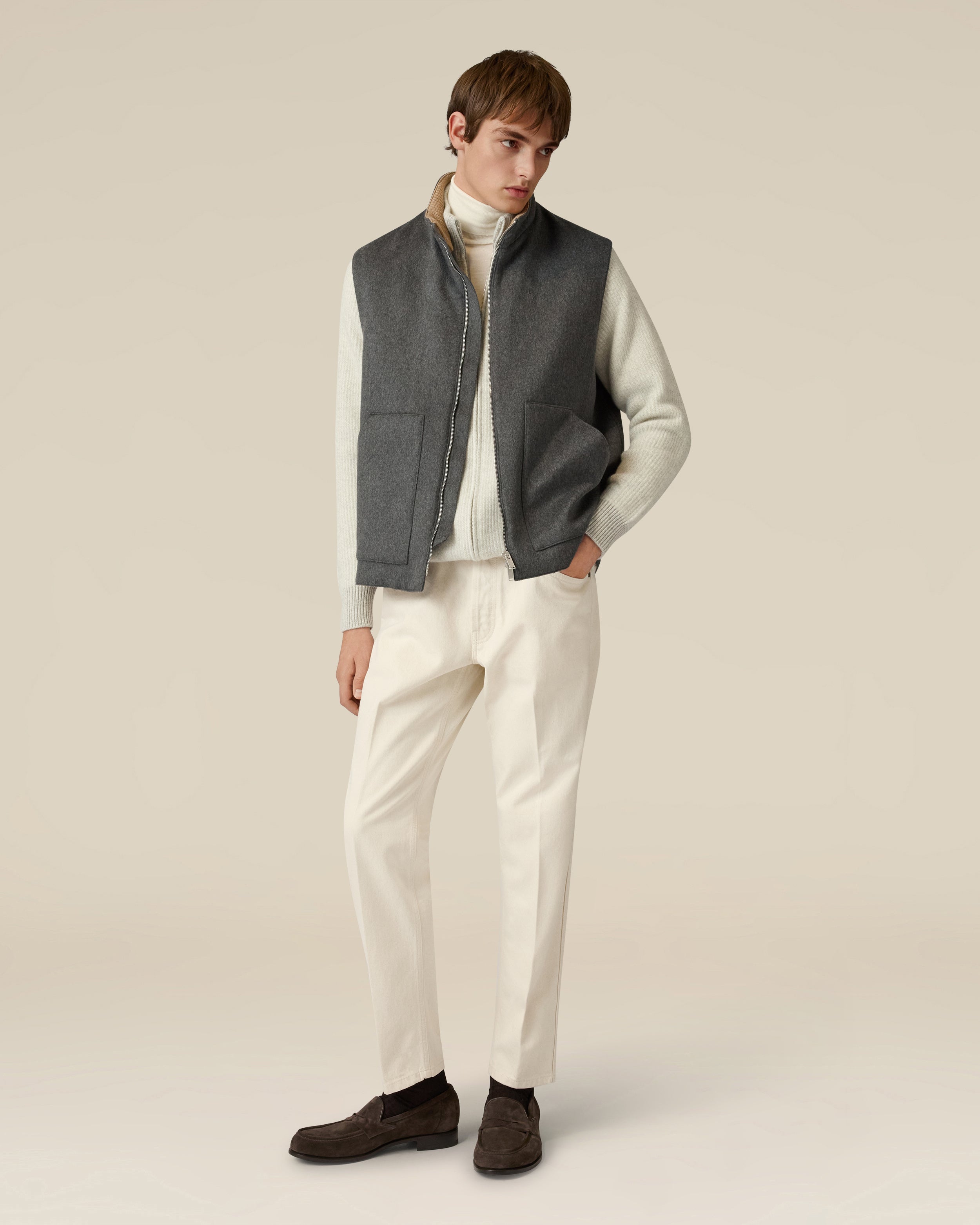 Full-zip wool and cashmere cardigan in cream and grey CREAM/GREY Lardini 2