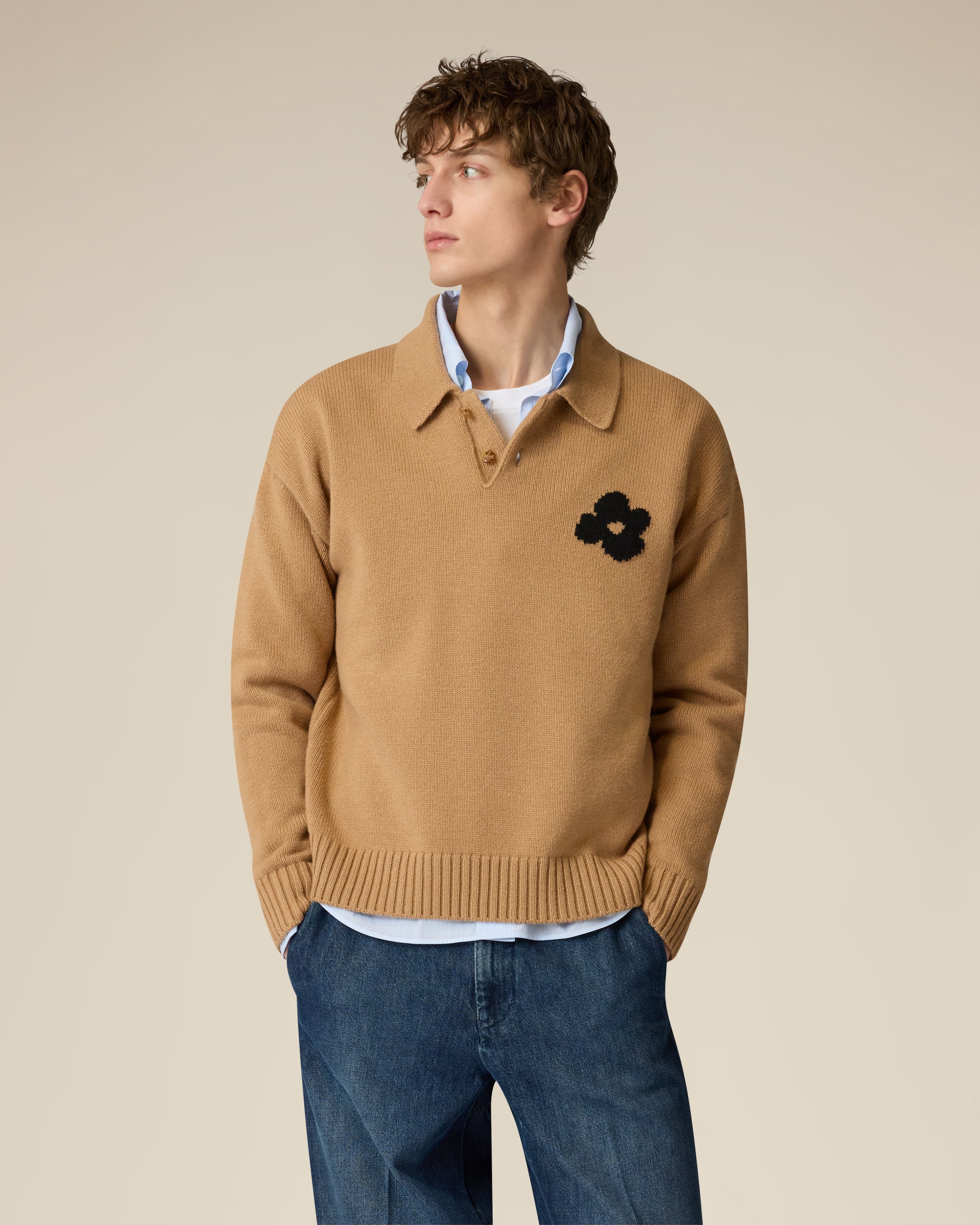 Beige knitted polo with black jacquard flower GREY/BLACK Lardini 4