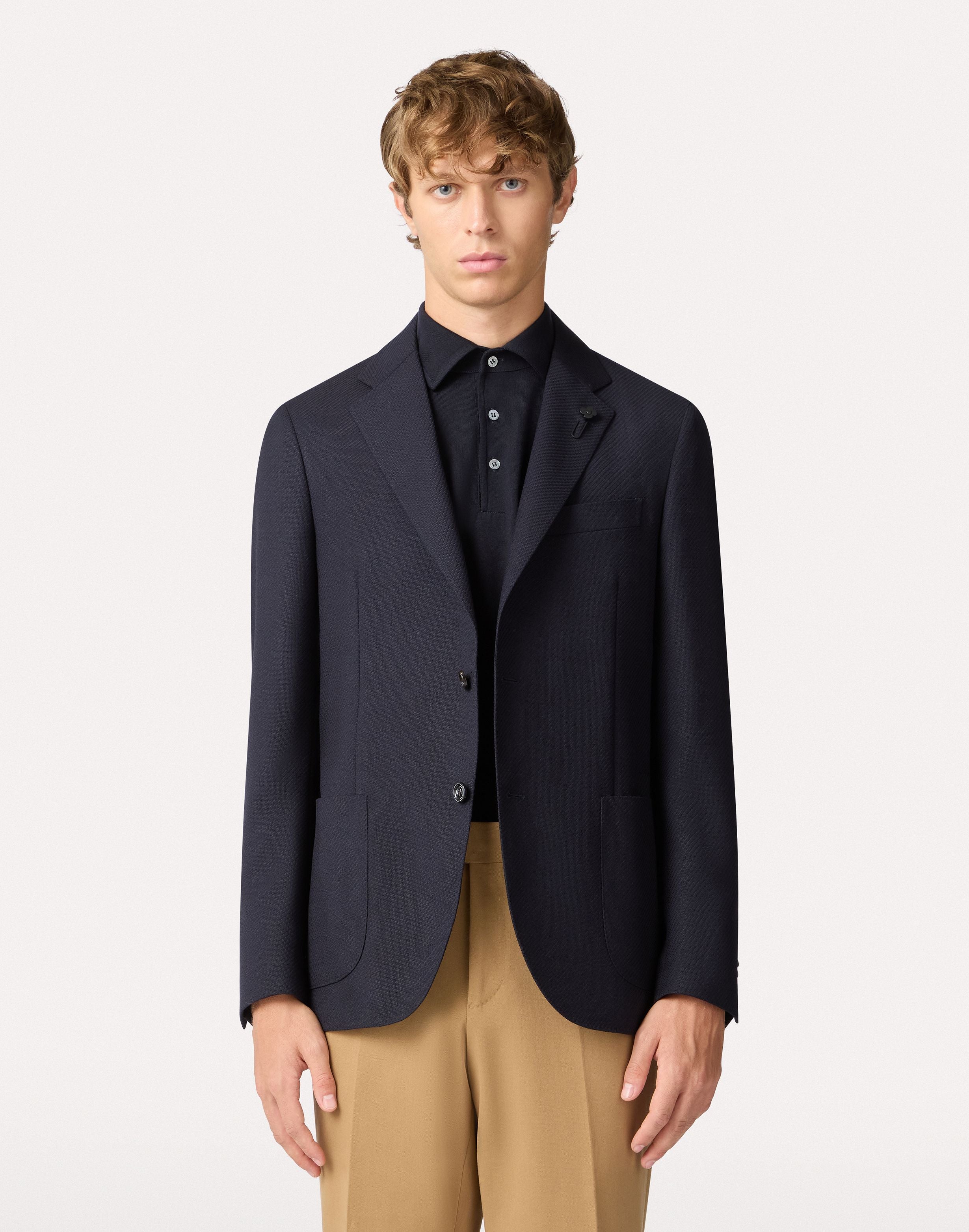 Veste à simple boutonnage en laine torsadée 2-ply bleu. BLUE Lardini 4