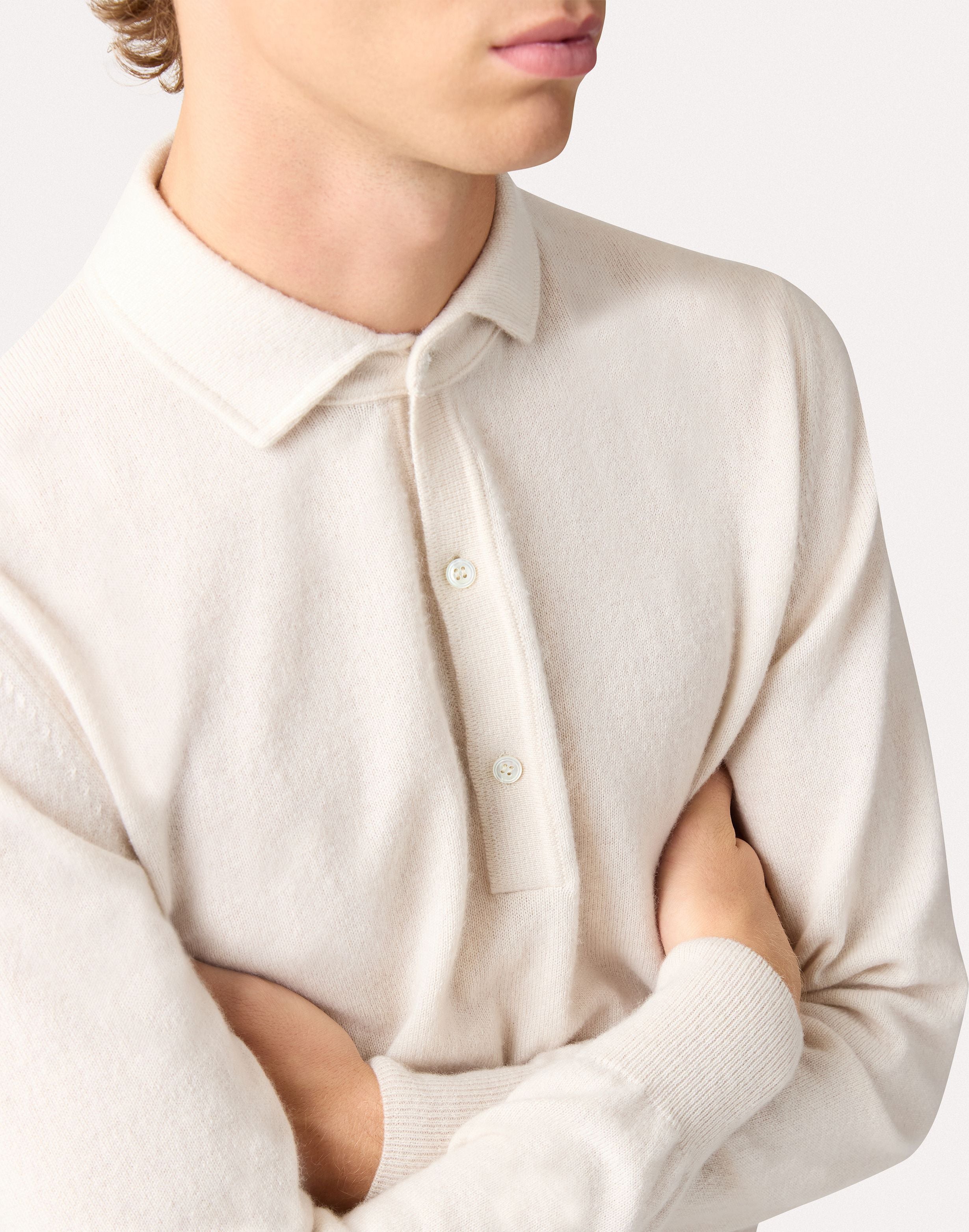 Cream-colored long-sleeve polo in carded cashmere CREAM Lardini 3