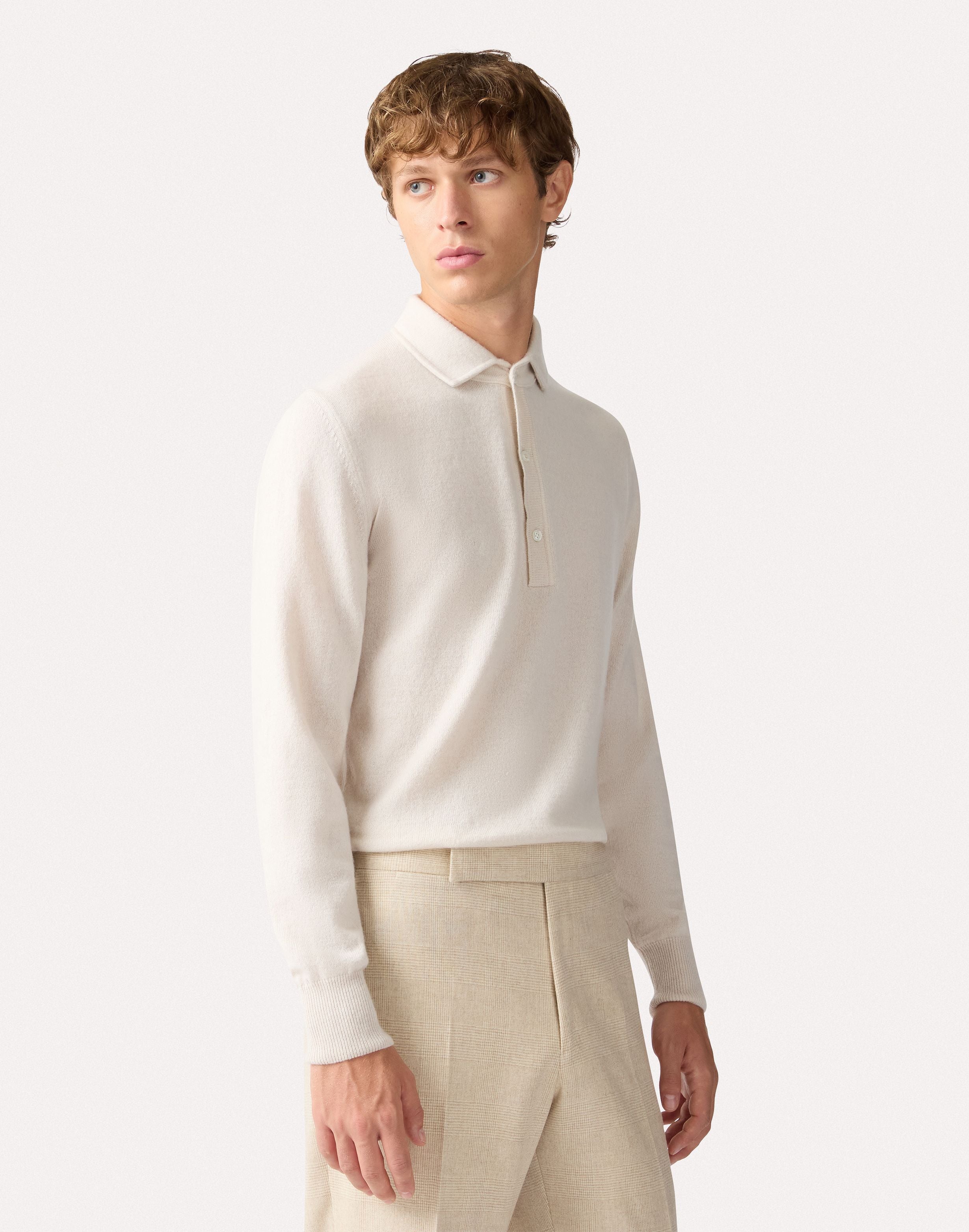 Cream-colored long-sleeve polo in carded cashmere CREAM Lardini 4