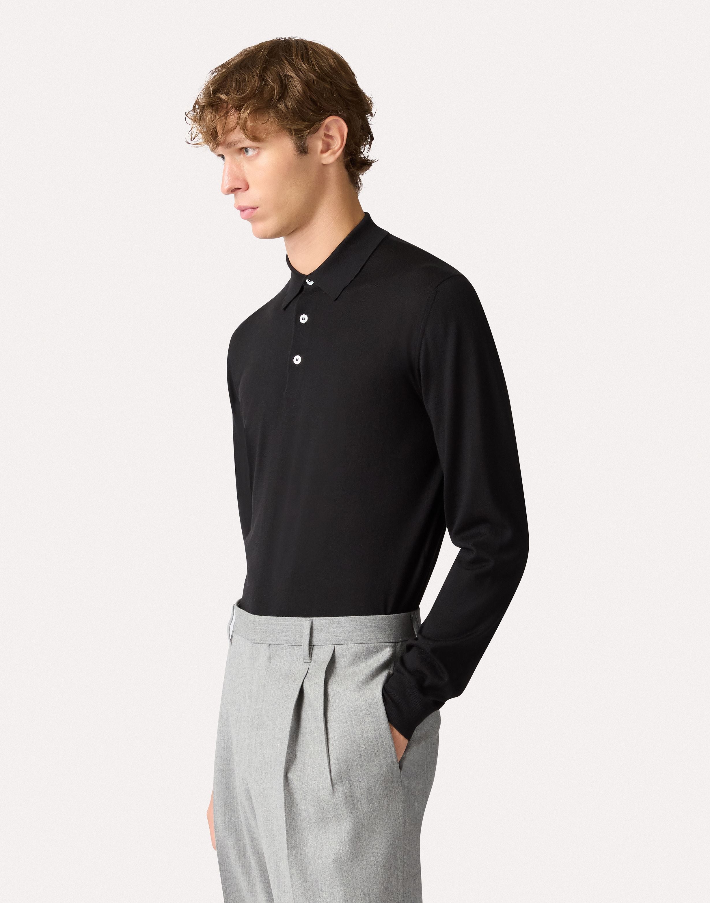 Long-sleeve black polo in superfine merino wool BLACK Lardini 4