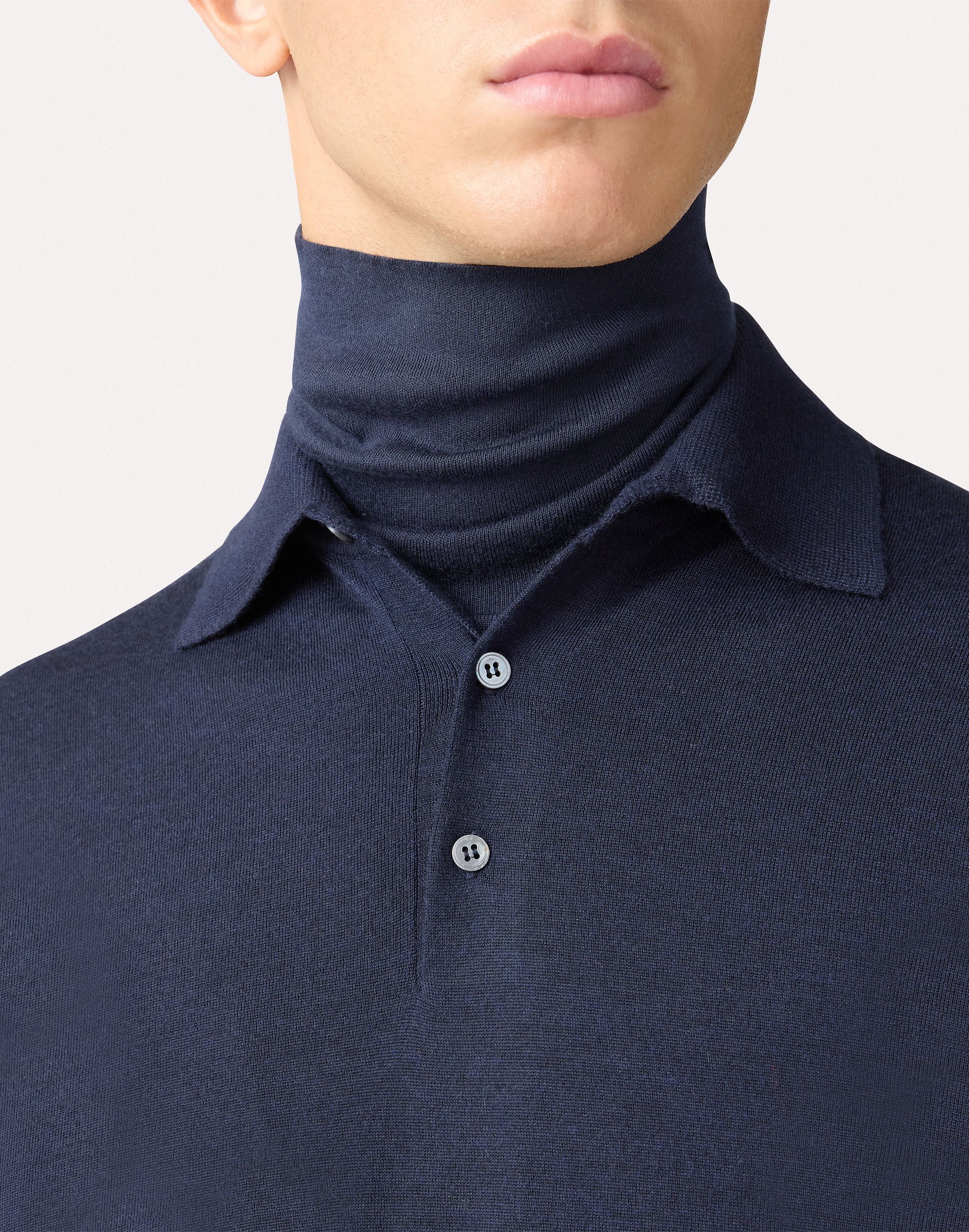 Blue long-sleeve polo shirt with buttons in wool, silk, and cashmere BLUE Lardini 3