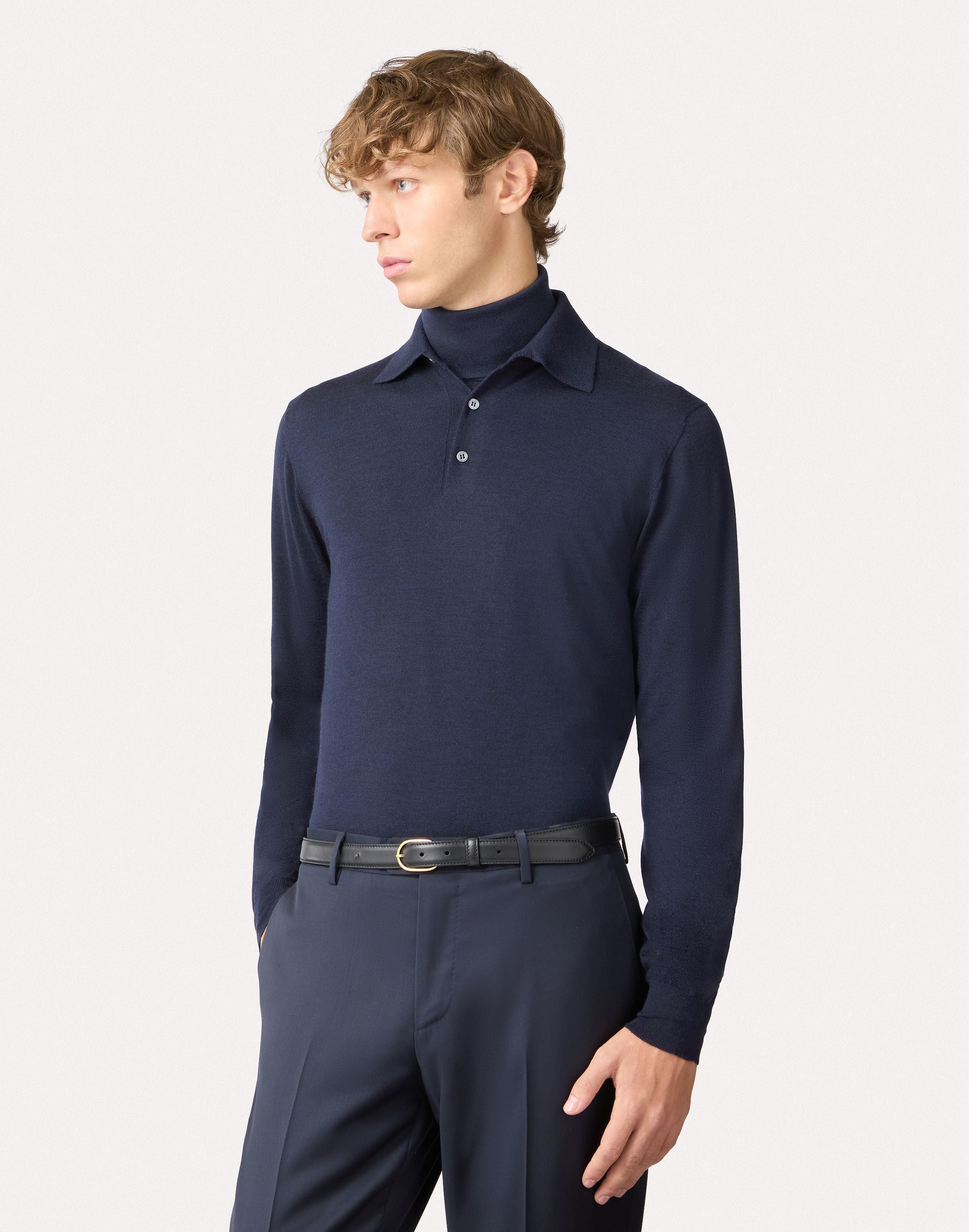 Blue long-sleeve polo shirt with buttons in wool, silk, and cashmere BLUE Lardini 4