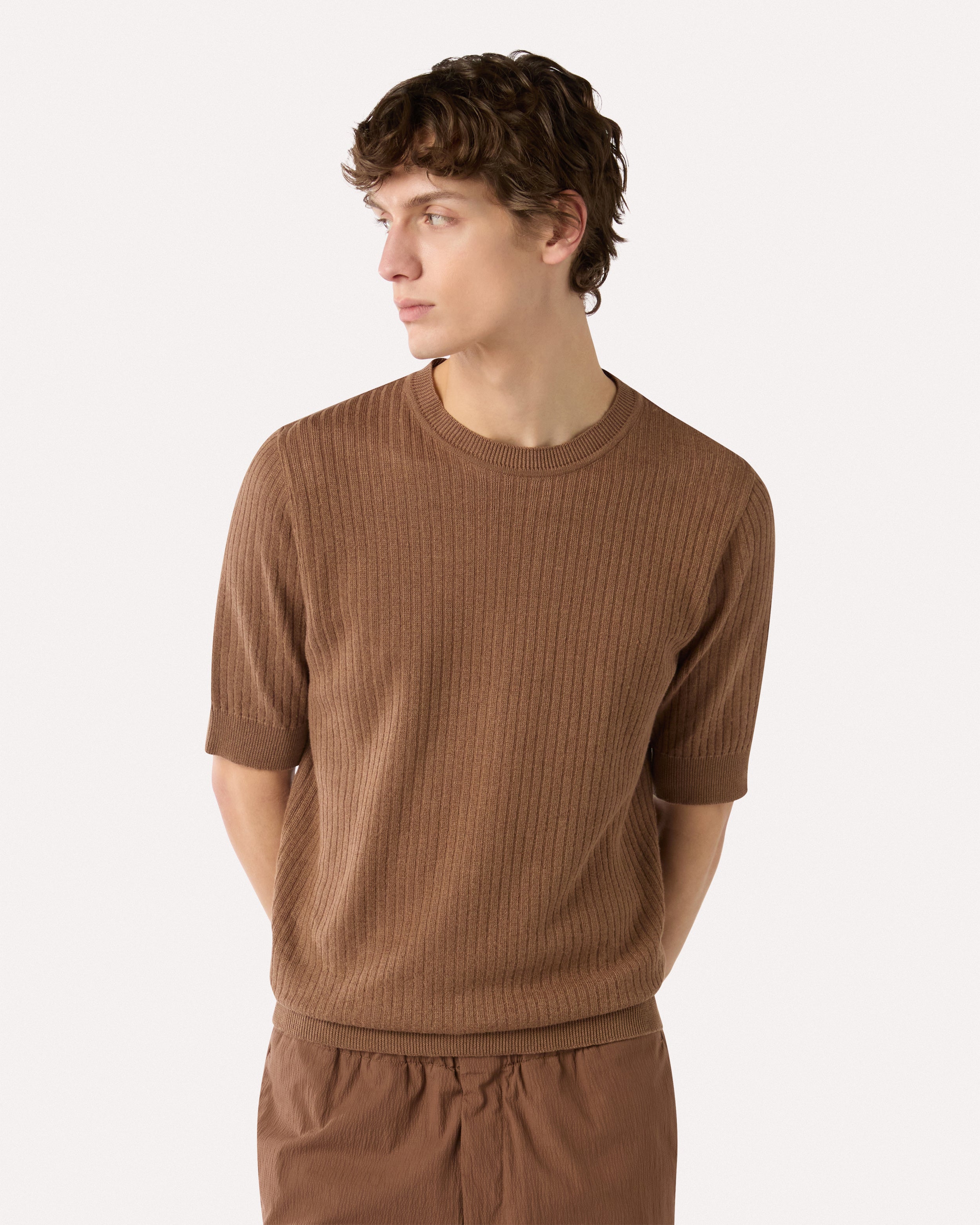 Brown linen and cotton T-shirt BROWN/RUST Lardini 4