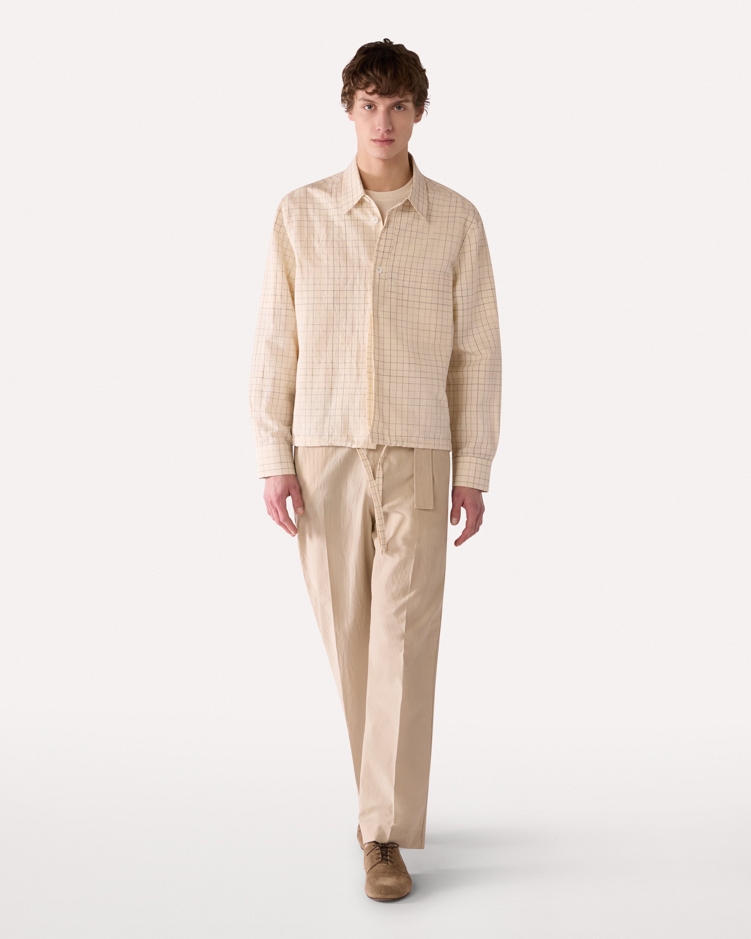 Chemise boxy crème avec coulisse en lin et coton à motif carreaux irréguliers bleus CREAM/BLUE Lardini 2