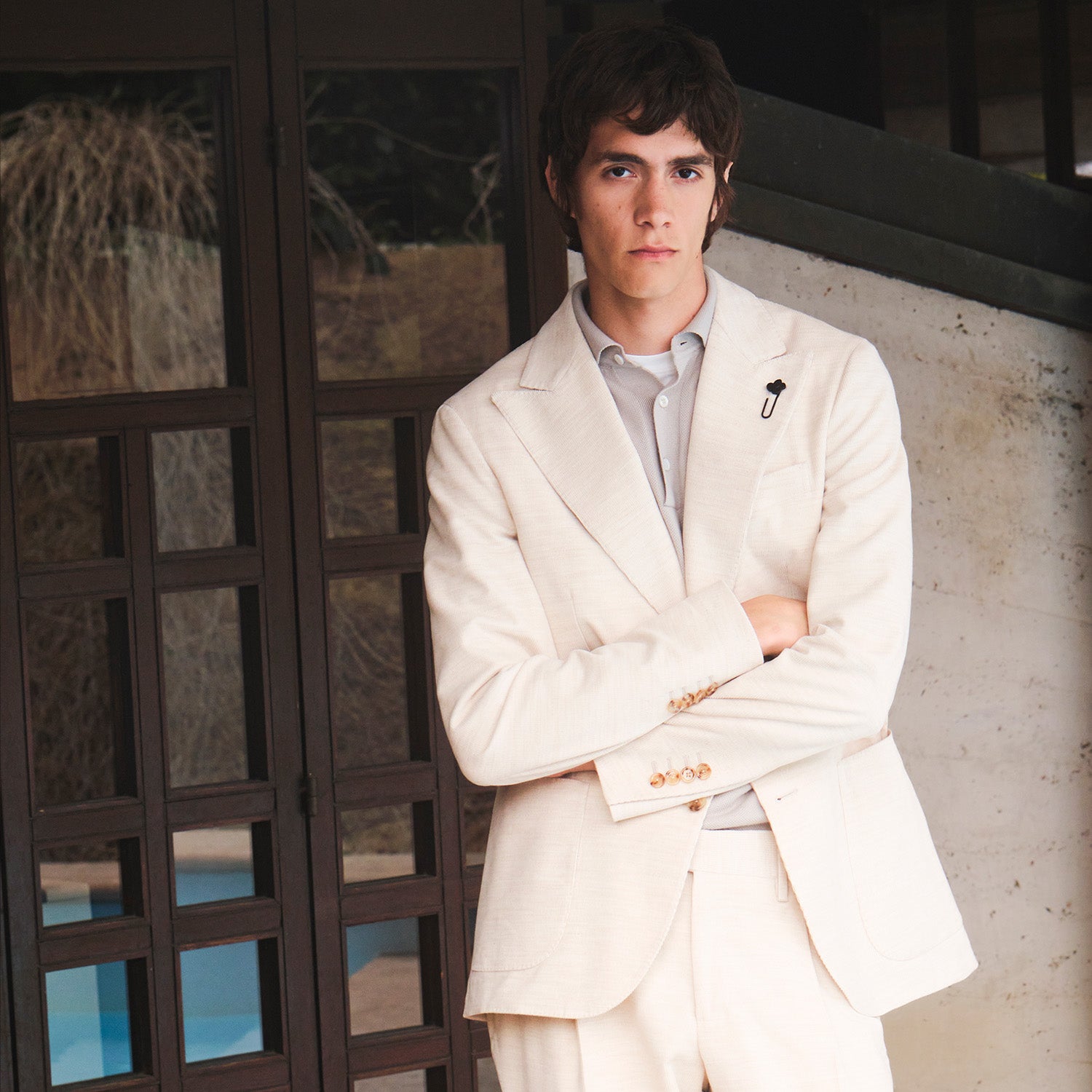 Grey suit in stretch brushed flannel, white, man | Lardini