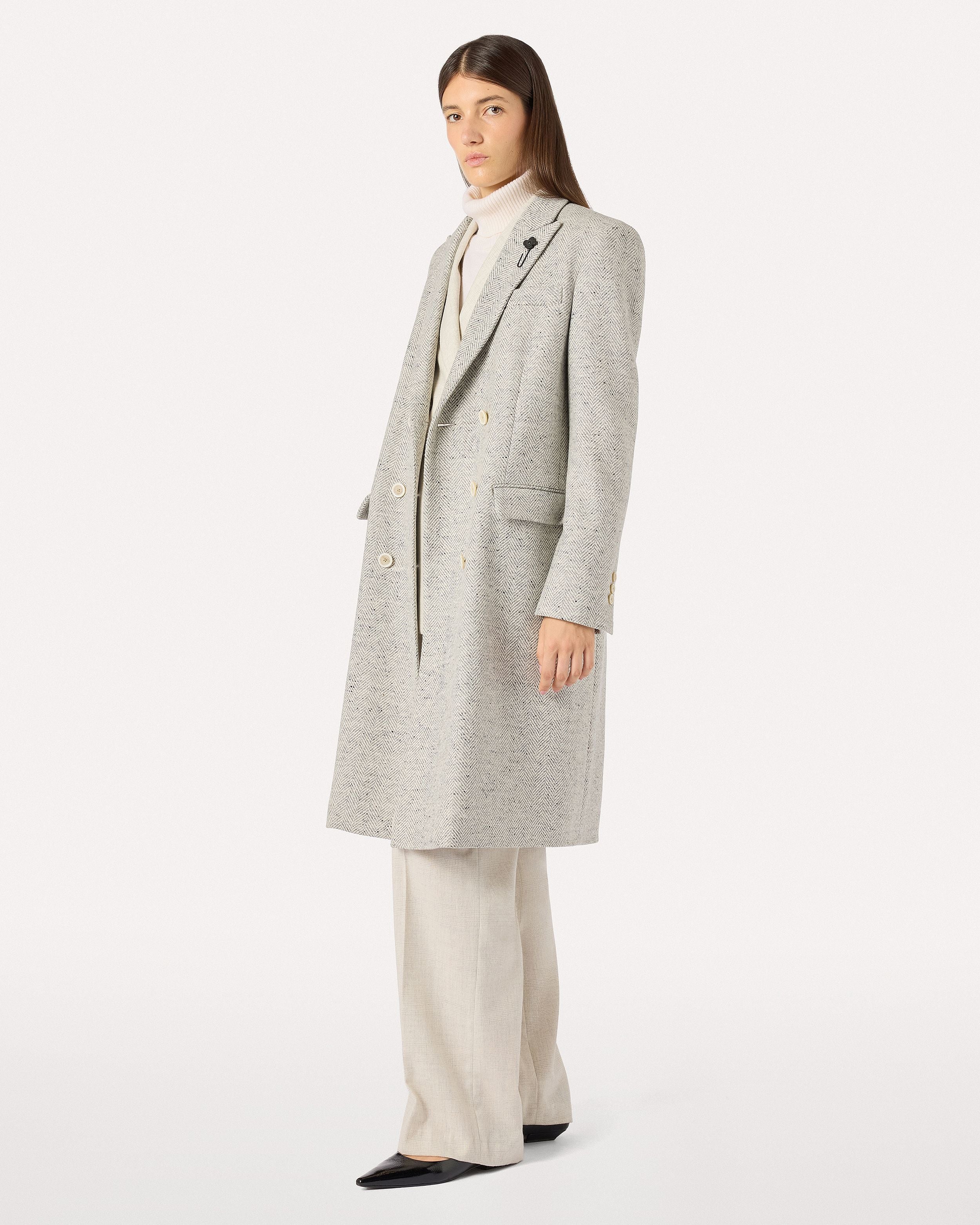 Sand grey mélange double-breasted coat CREAM/GREY Lardini 2