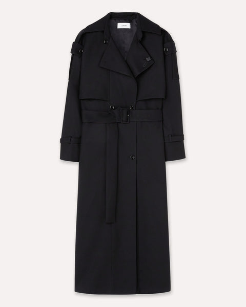 Black double-breasted trench coat in wool drill, white, woman