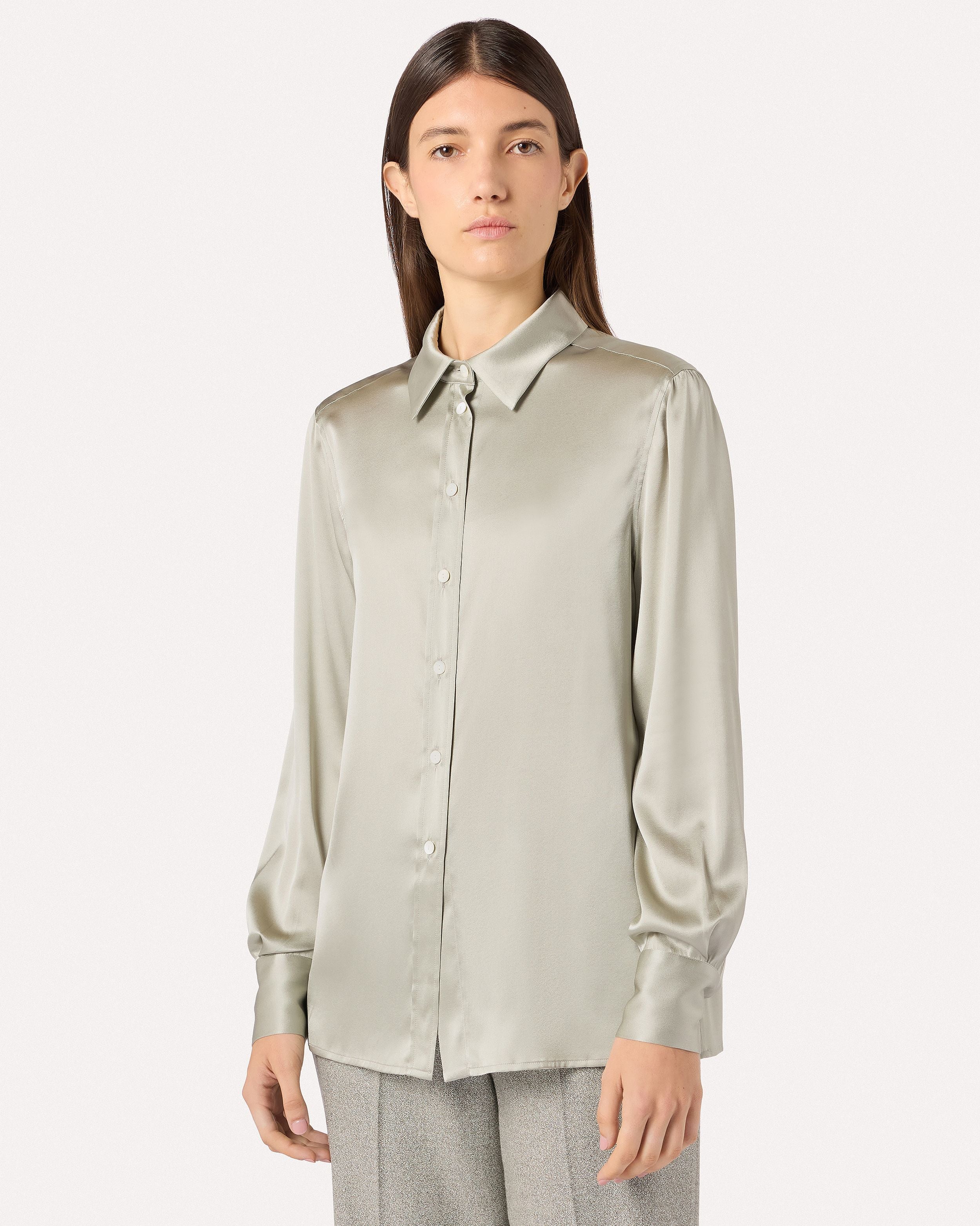 Silver green shirt in stretch silk satin GREEN Lardini 4