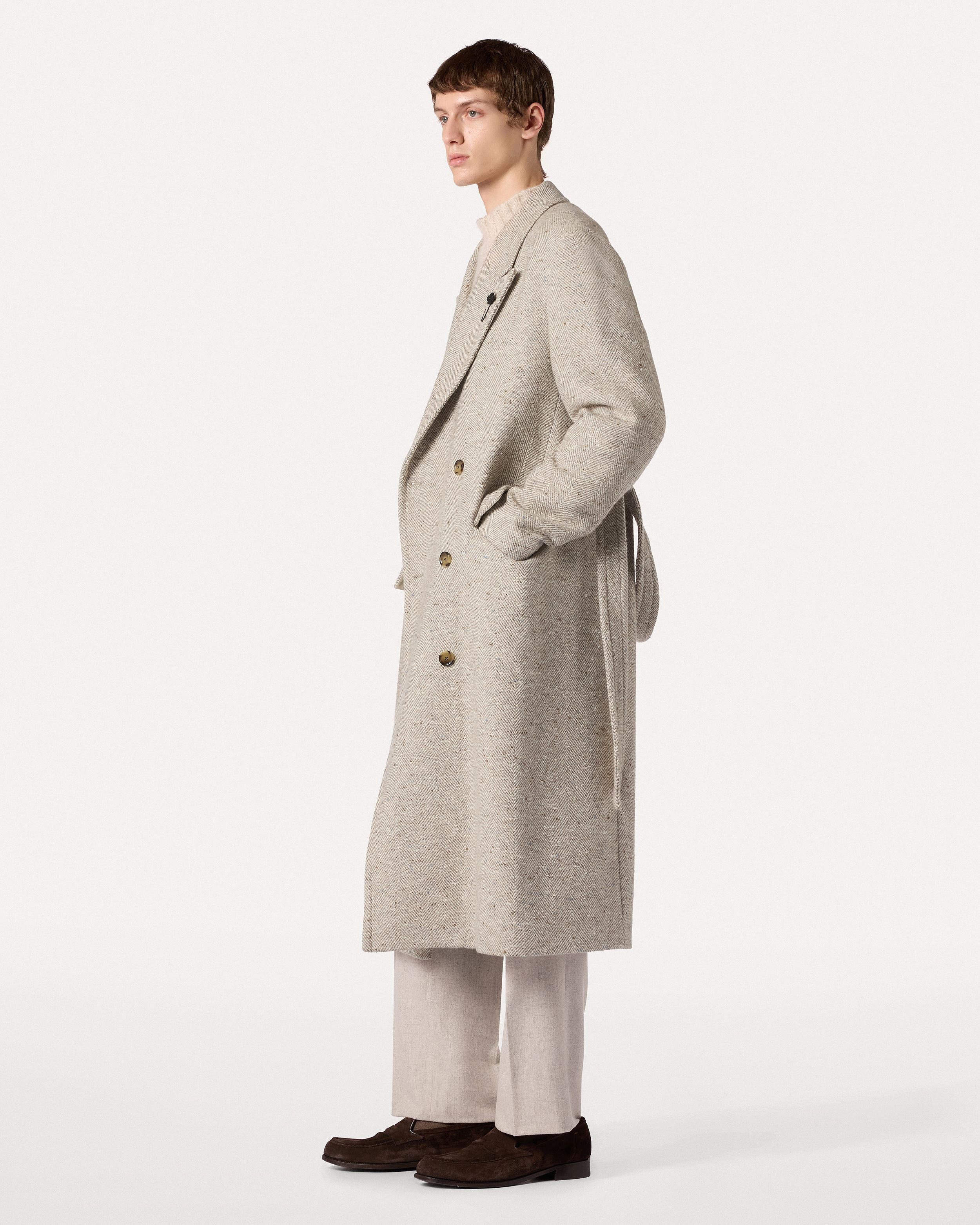 Cappotto doppiopetto con cintura color sabbia in tweed di cashmere CREAM/BEIGE Lardini 2