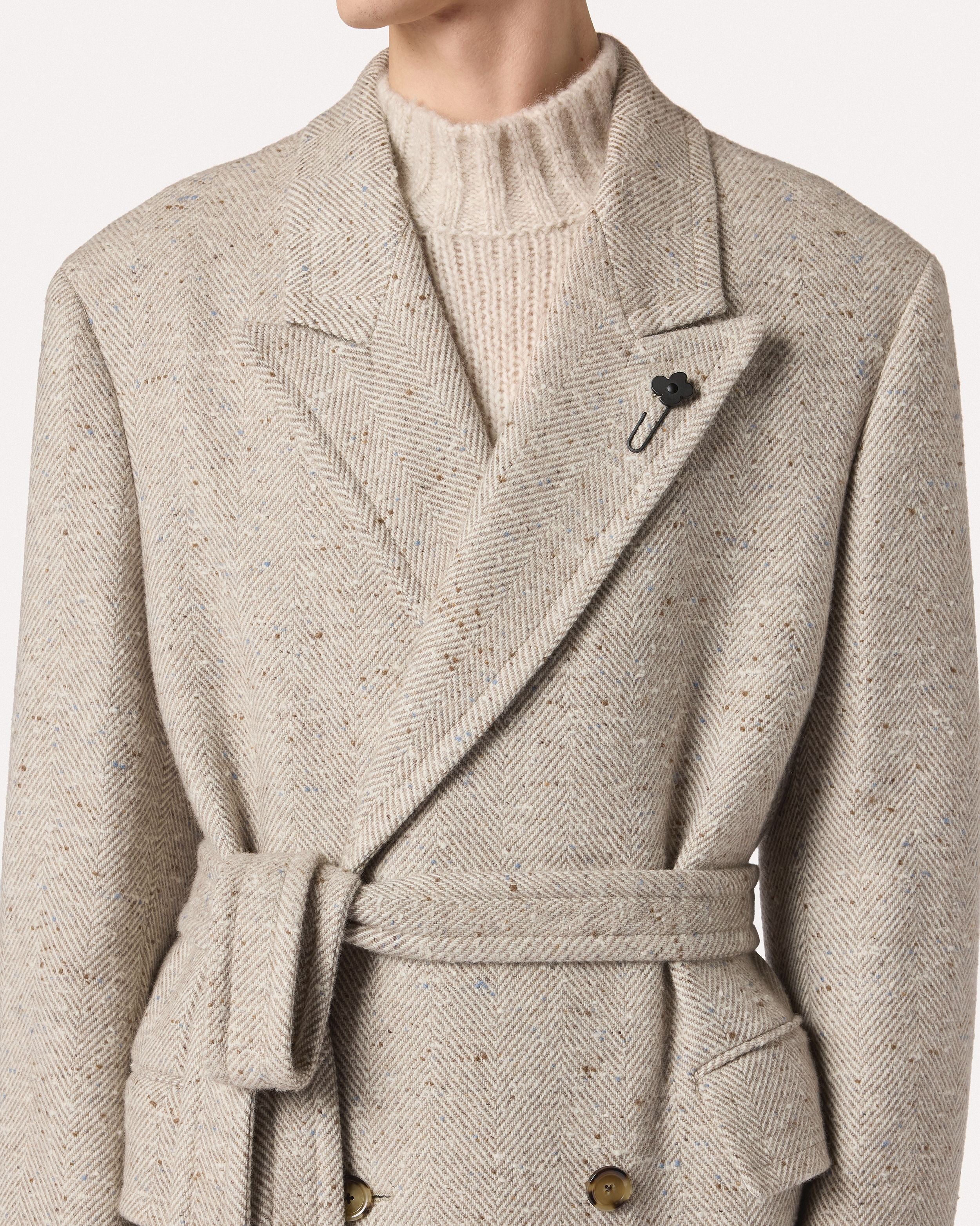 Cappotto doppiopetto con cintura color sabbia in tweed di cashmere CREAM/BEIGE Lardini 3