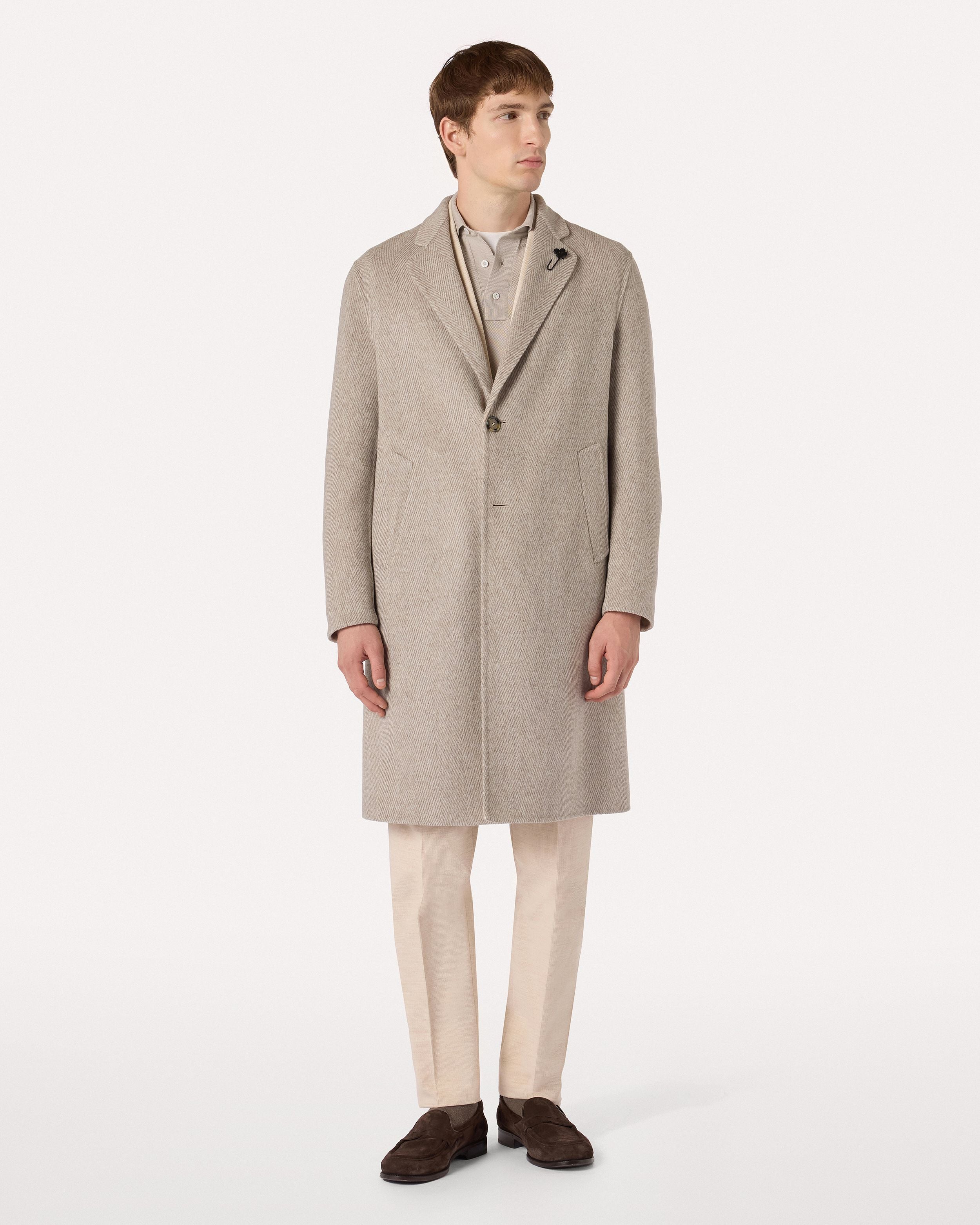 Sand single-breasted coat in herringbone wool and cashmere CREAM/BEIGE/GREY Lardini 4
