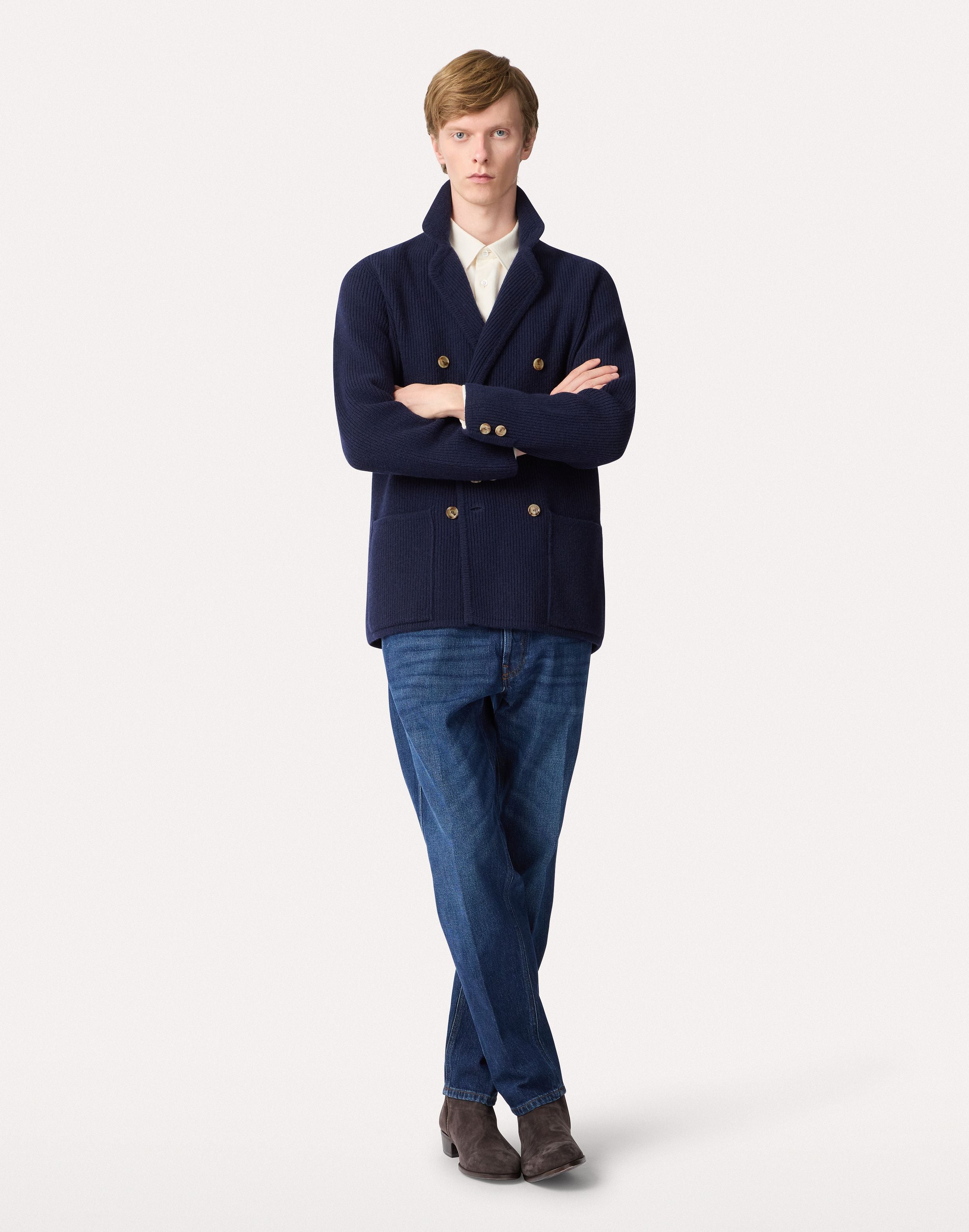 Double-breasted blue knit jacket with peak lapels BLUE Lardini 2