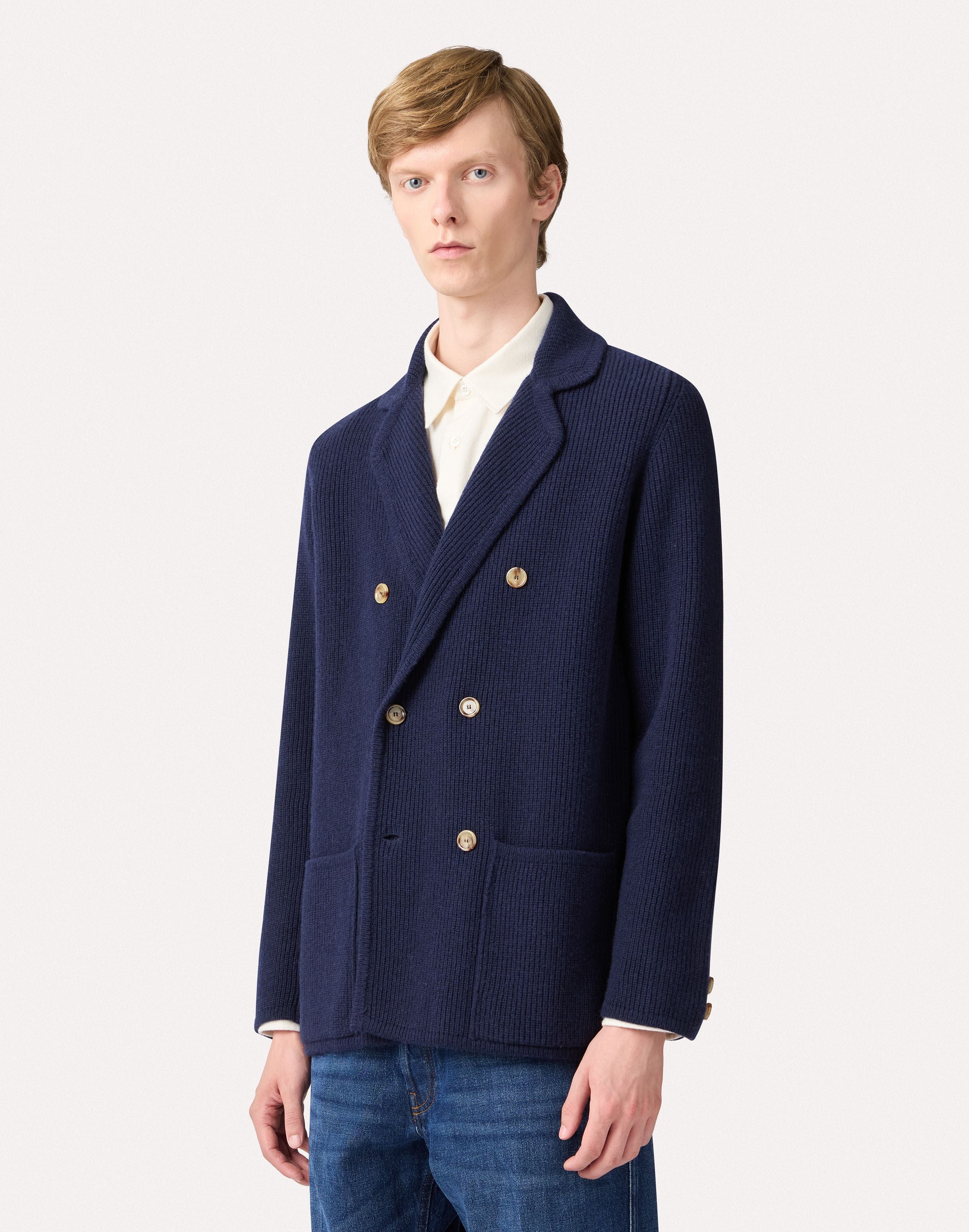 Double-breasted blue knit jacket with peak lapels BLUE Lardini 4