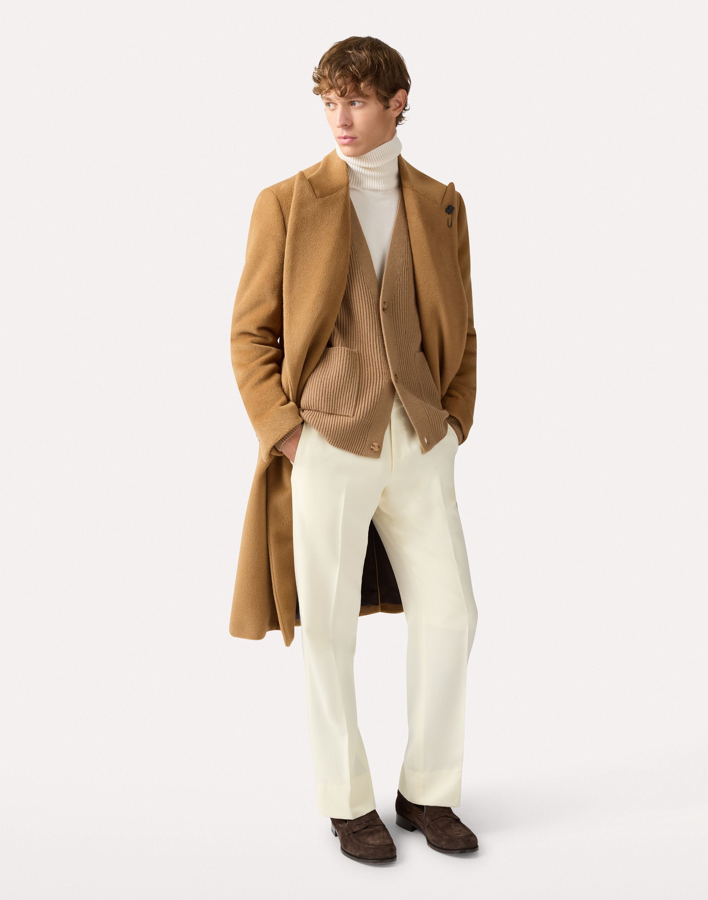 Cardigan cammello in lana e cashmere a costa inglese CAMEL Lardini 2