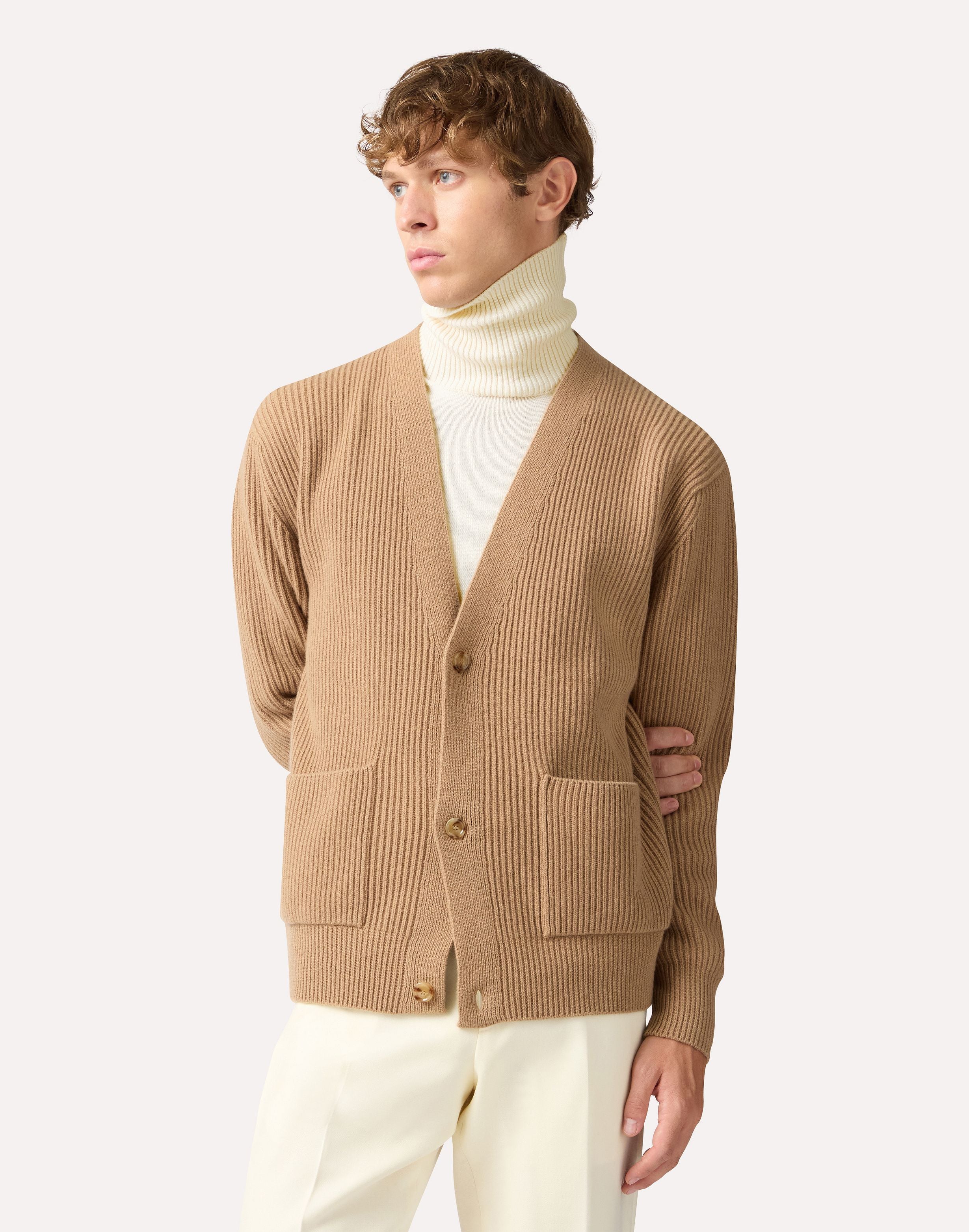 Camel cardigan in wool and cashmere with English rib CAMEL Lardini 4