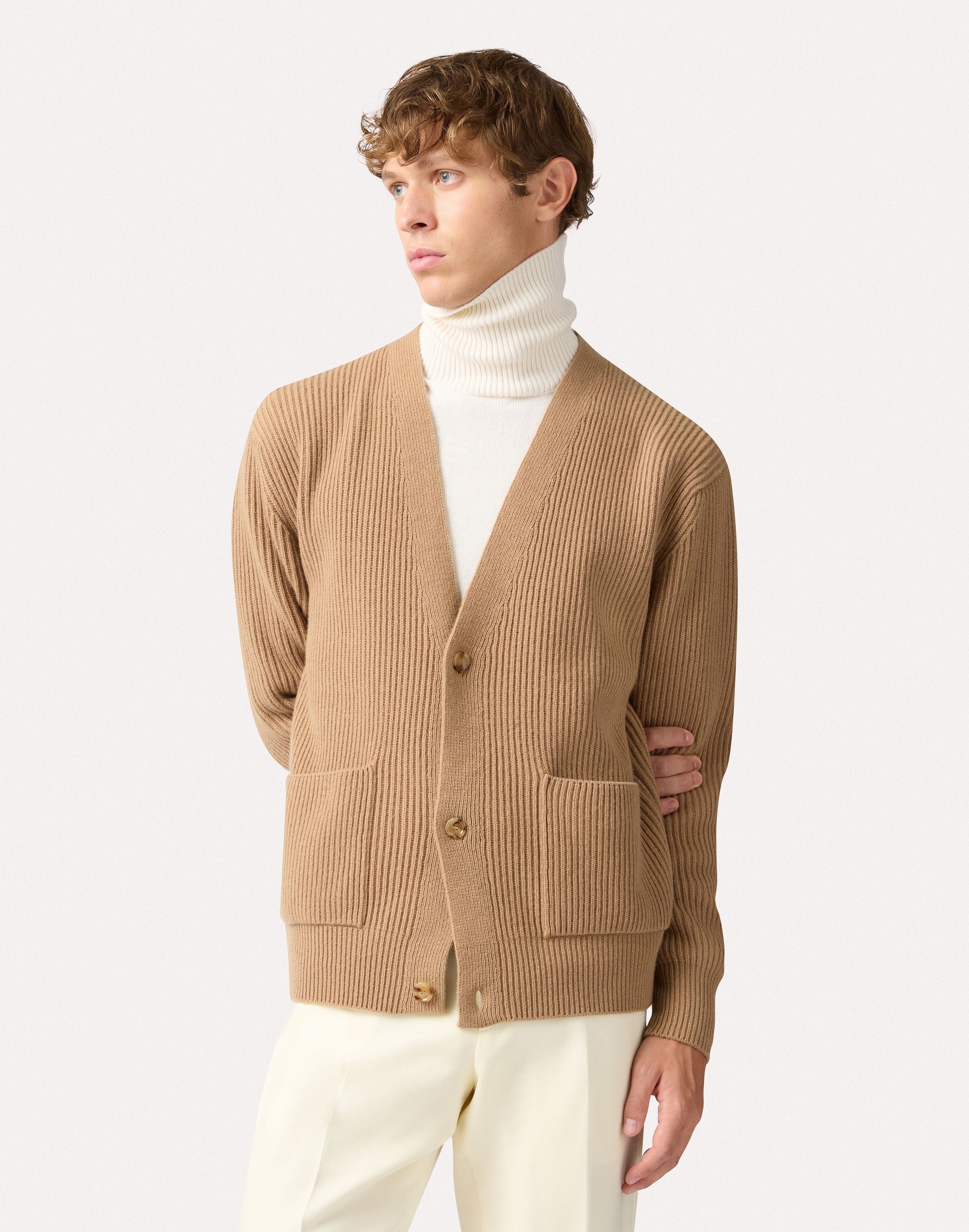 Cardigan cammello in lana e cashmere a costa inglese CAMEL Lardini 4