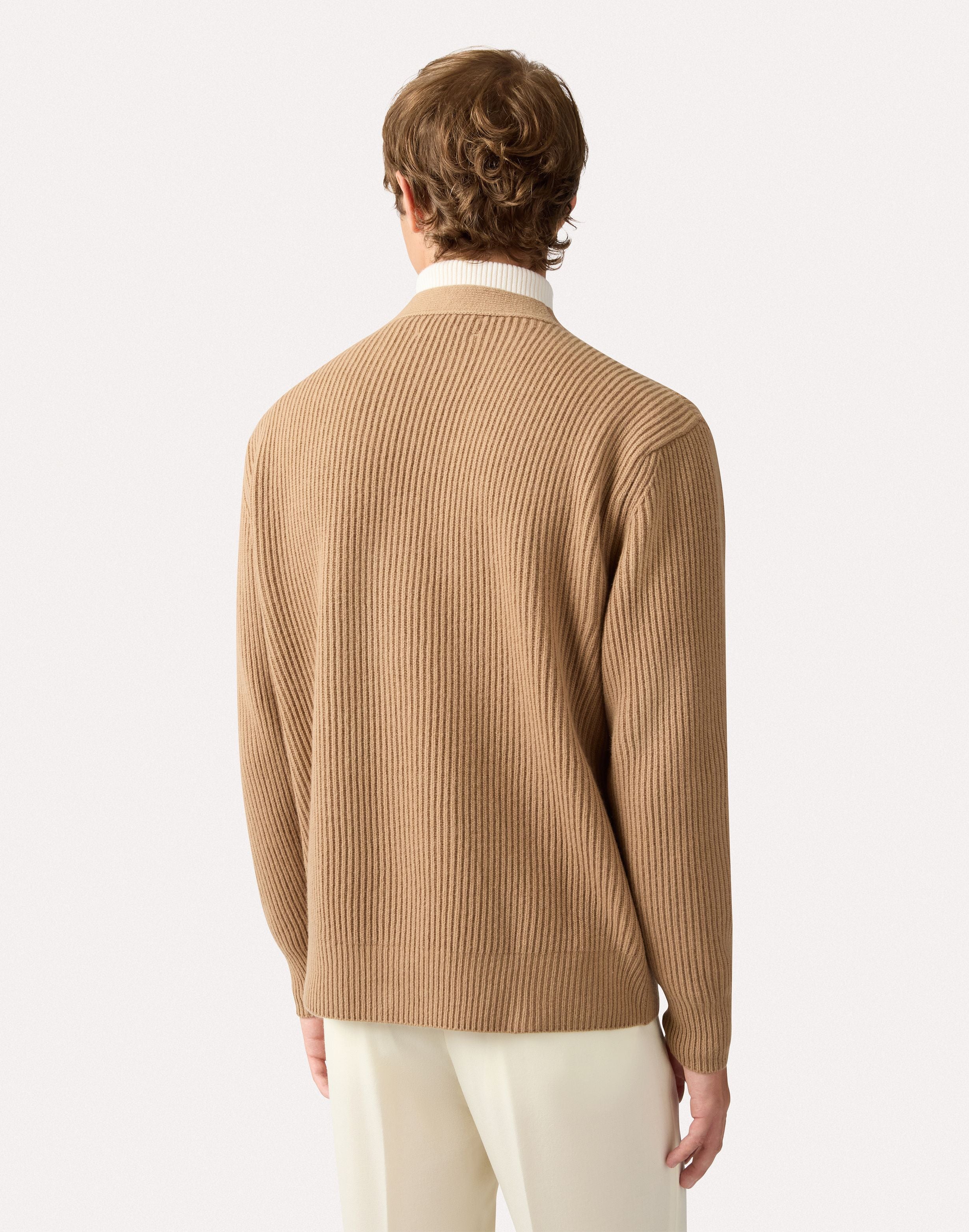 Cardigan cammello in lana e cashmere a costa inglese CAMEL Lardini 5