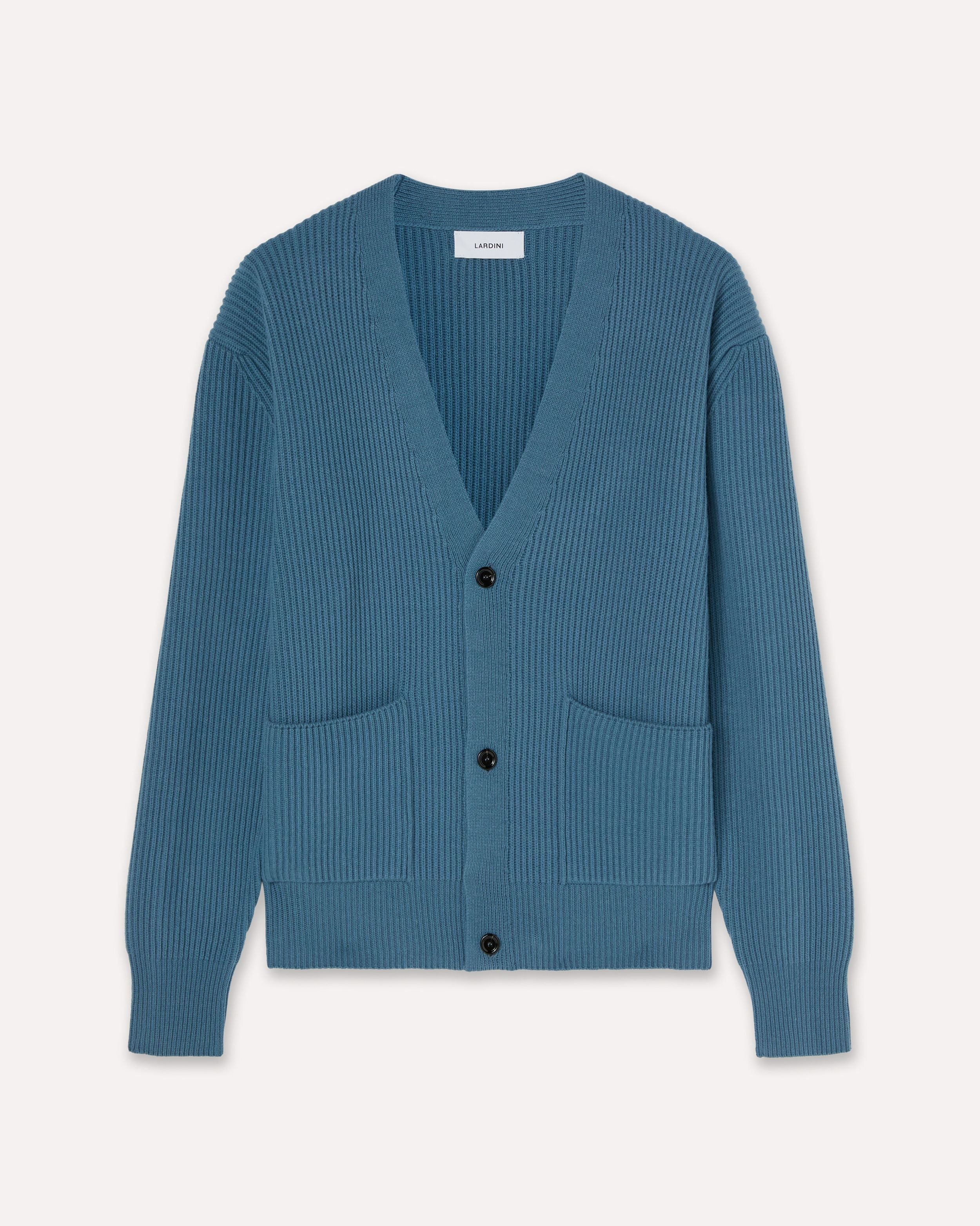 Cardigan azzurro in lana e cashmere a costa inglese LIGHT BLUE Lardini