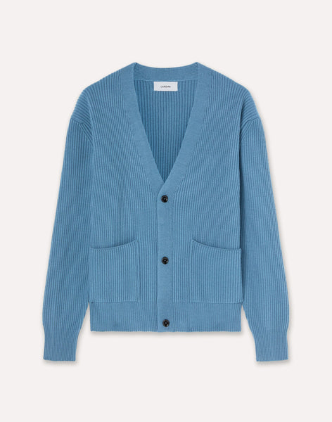 STONE  ライトブルー カーディガン S Light blue cardigan in wool and cashmere with English rib, white