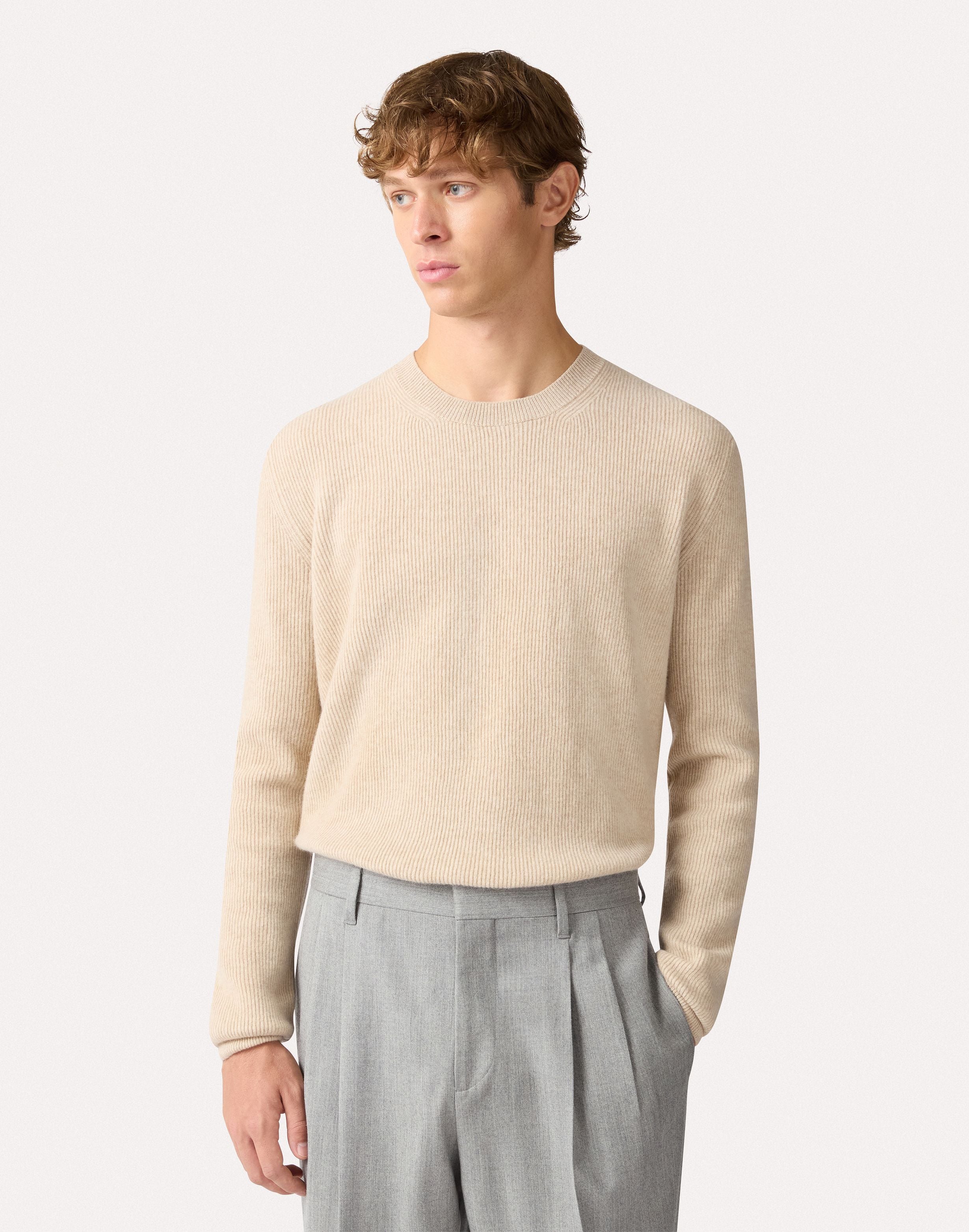 Beige crewneck sweater in wool and cashmere CREAM Lardini 4