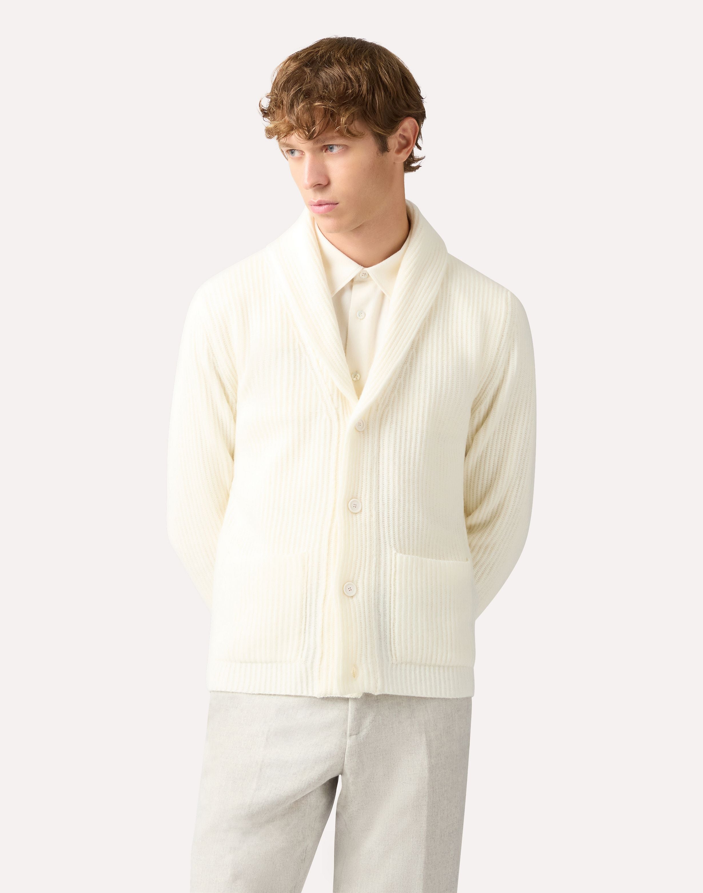 Cream wool and cashmere shawl-collar cardigan CREAM Lardini 4