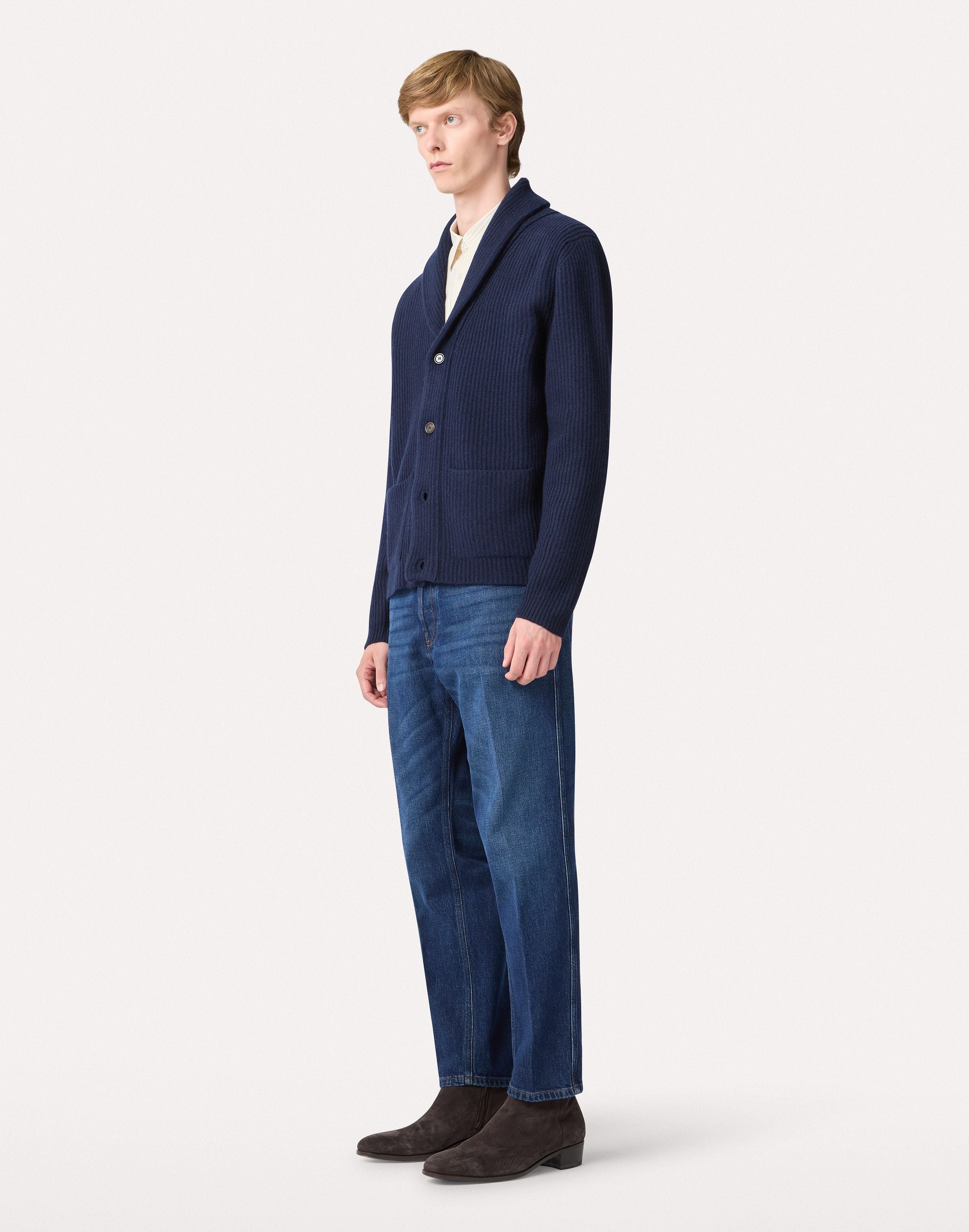 Cardigan blu in lana e cashmere con collo a scialle BLUE Lardini 2
