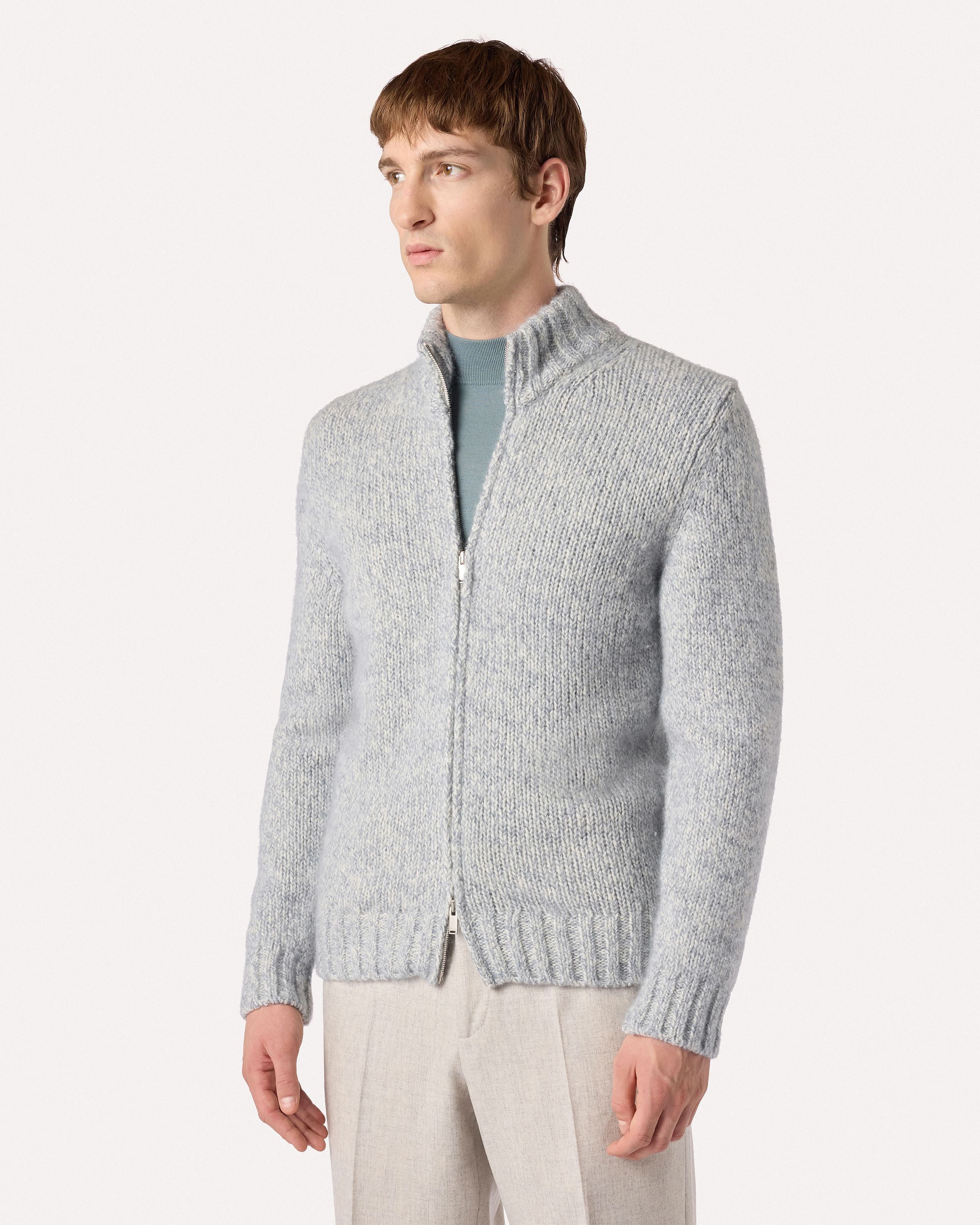 Maglia a collo alto con zip panna e celeste in lana, cashmere, mohair e seta BEIGE/SKY BLYUE Lardini 4