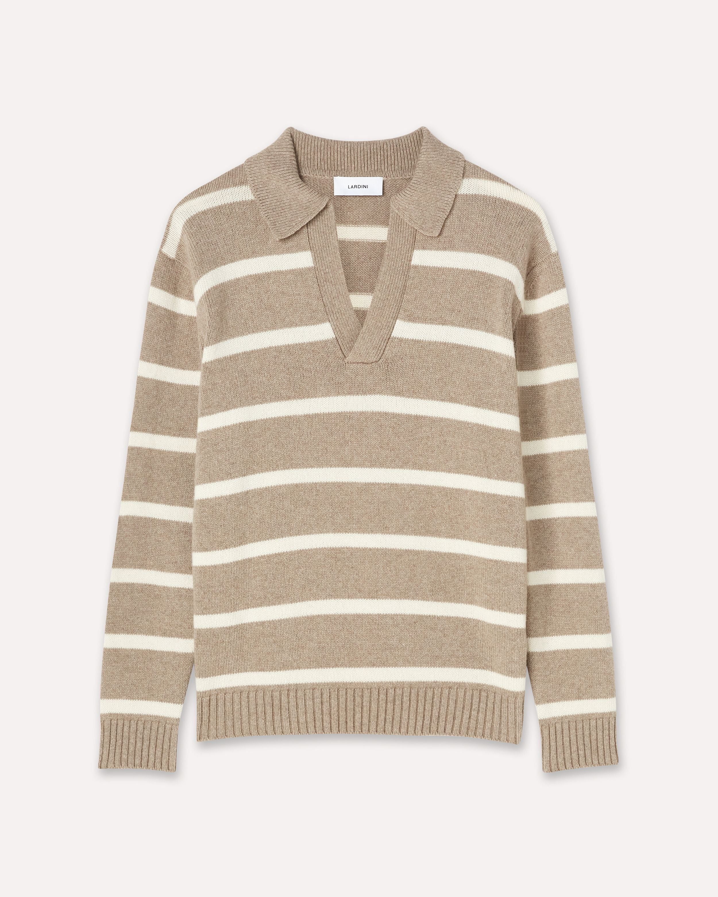 Open long-sleeve polo in cashmere with hazelnut and cream stripes HAZELNUT/CREAM Lardini 1
