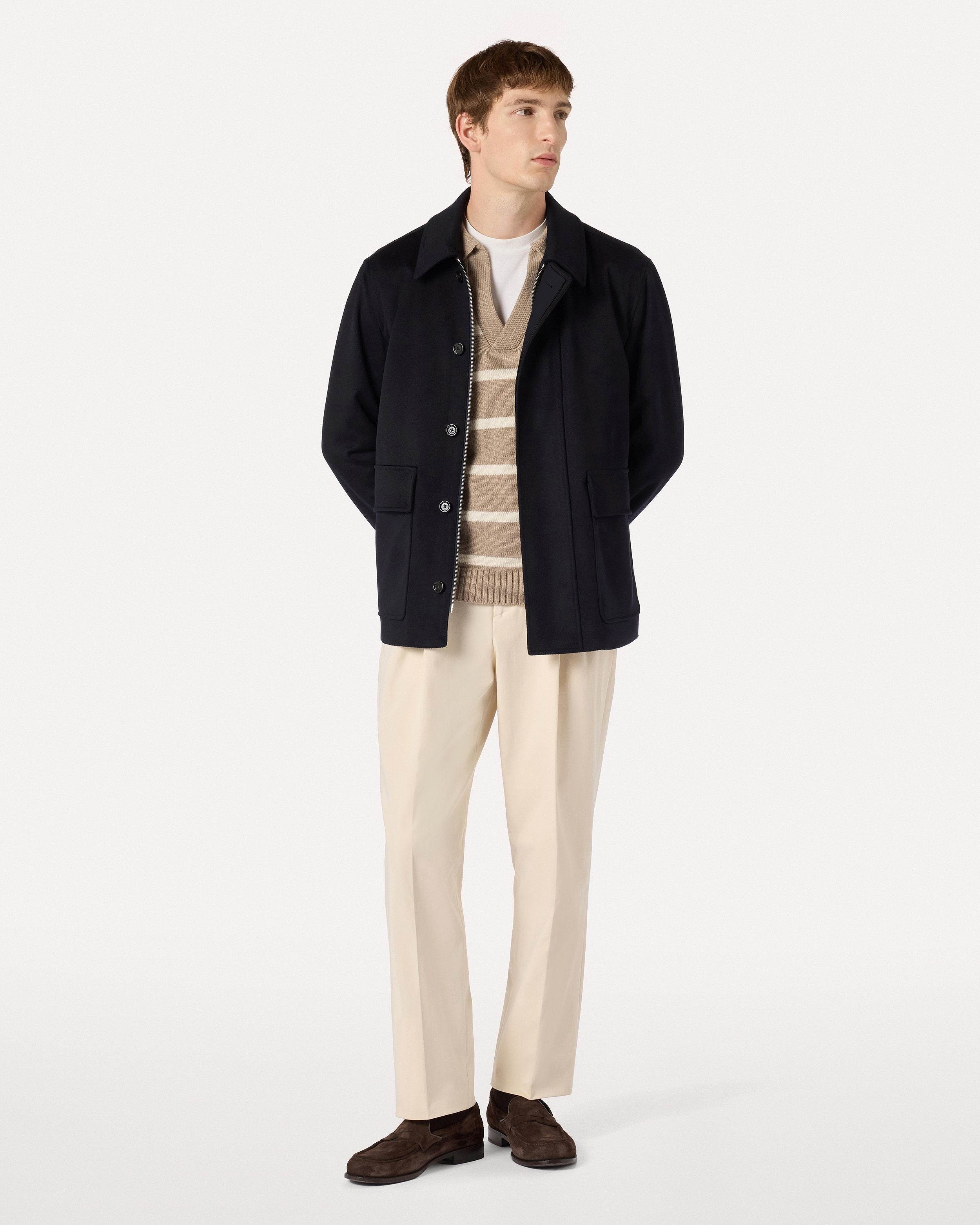 Open long-sleeve polo in cashmere with hazelnut and cream stripes HAZELNUT/CREAM Lardini 2