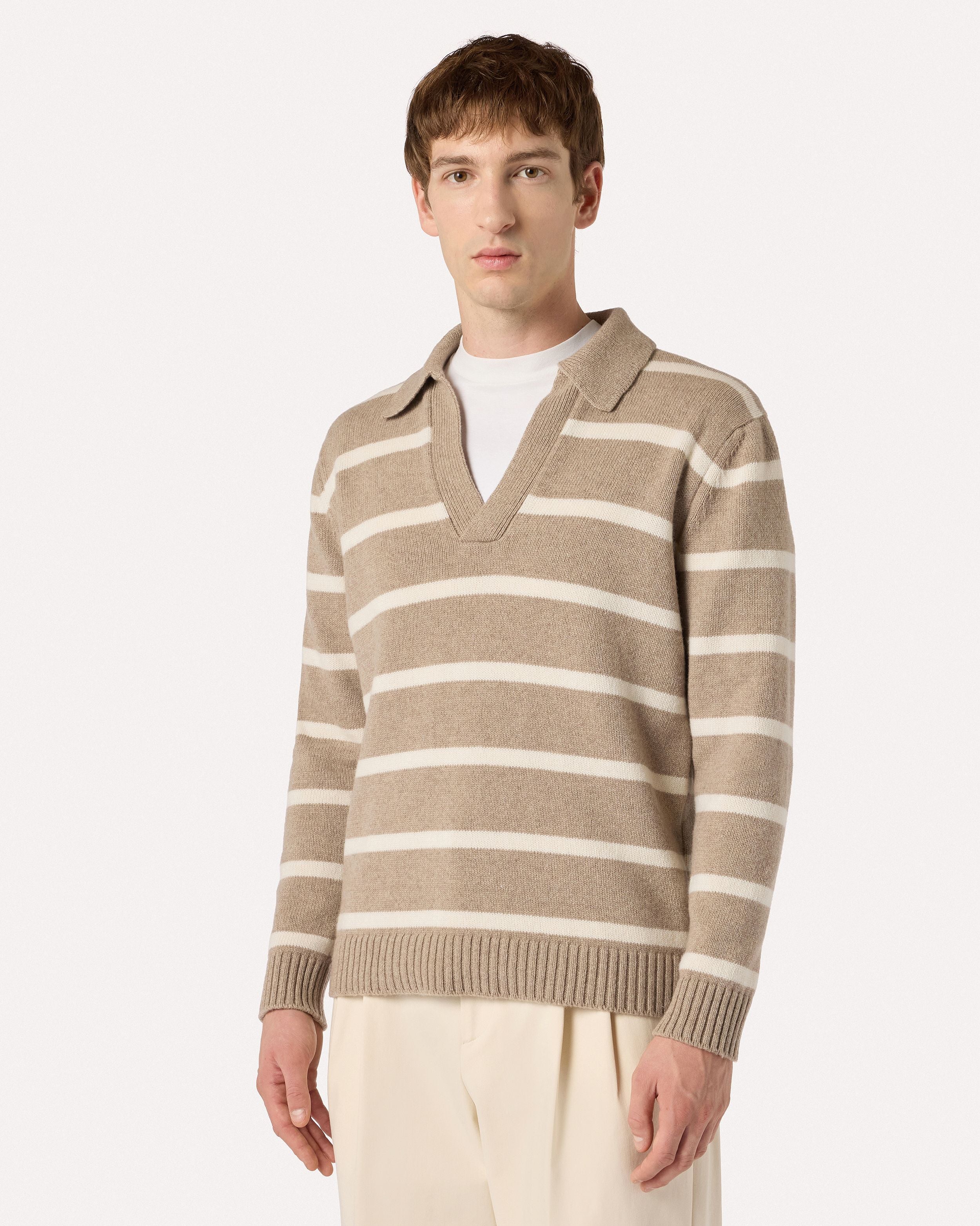 Open long-sleeve polo in cashmere with hazelnut and cream stripes HAZELNUT/CREAM Lardini 4