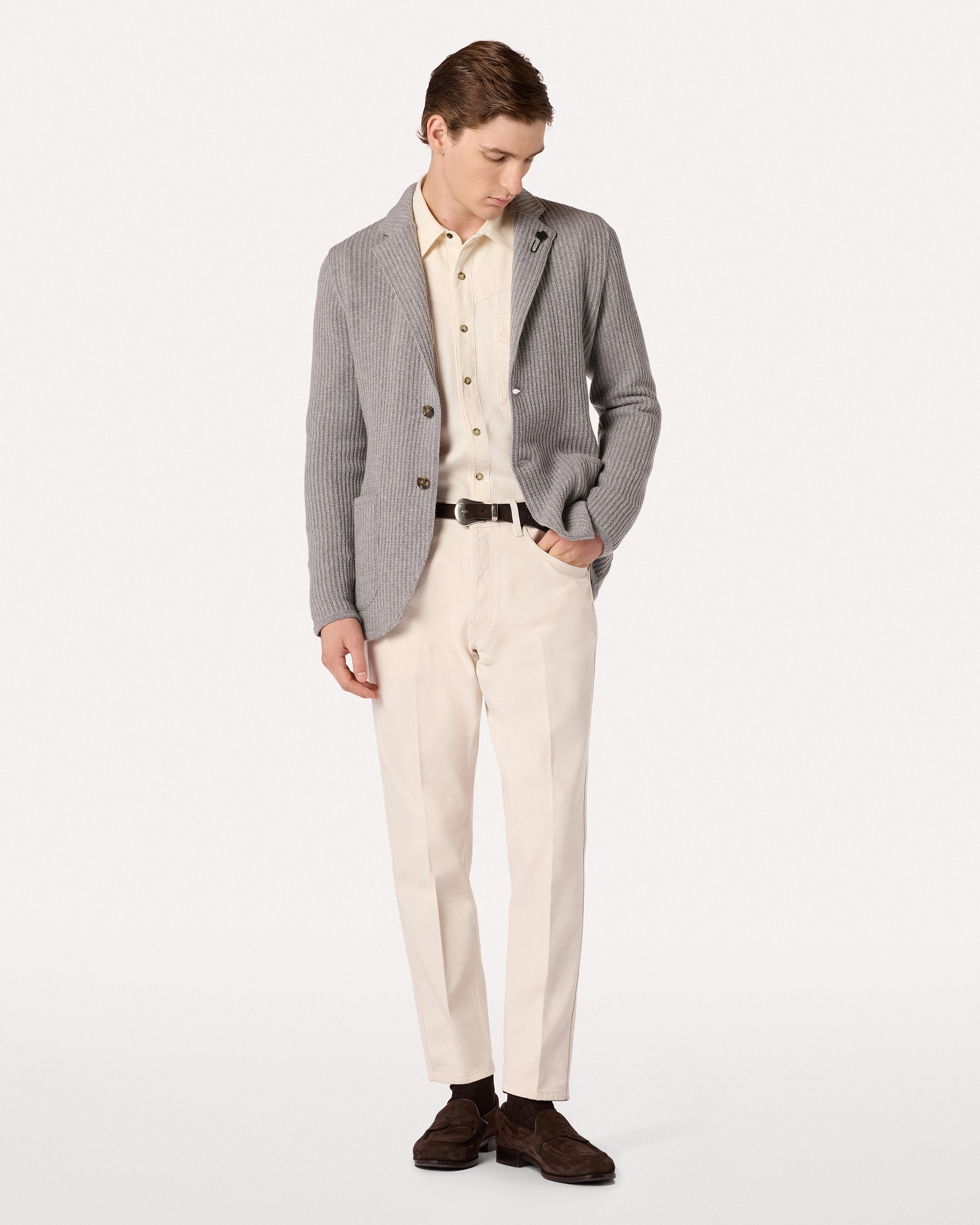 Camicia western in gabardine di cotone color panna CREAM Lardini 2