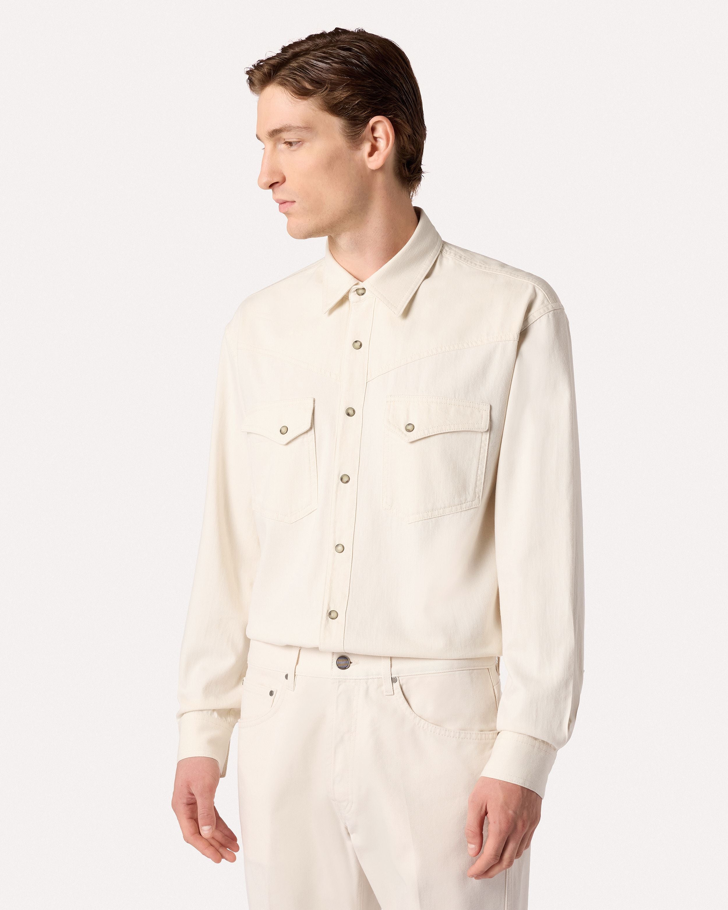 Camicia western in gabardine di cotone color panna CREAM Lardini 4