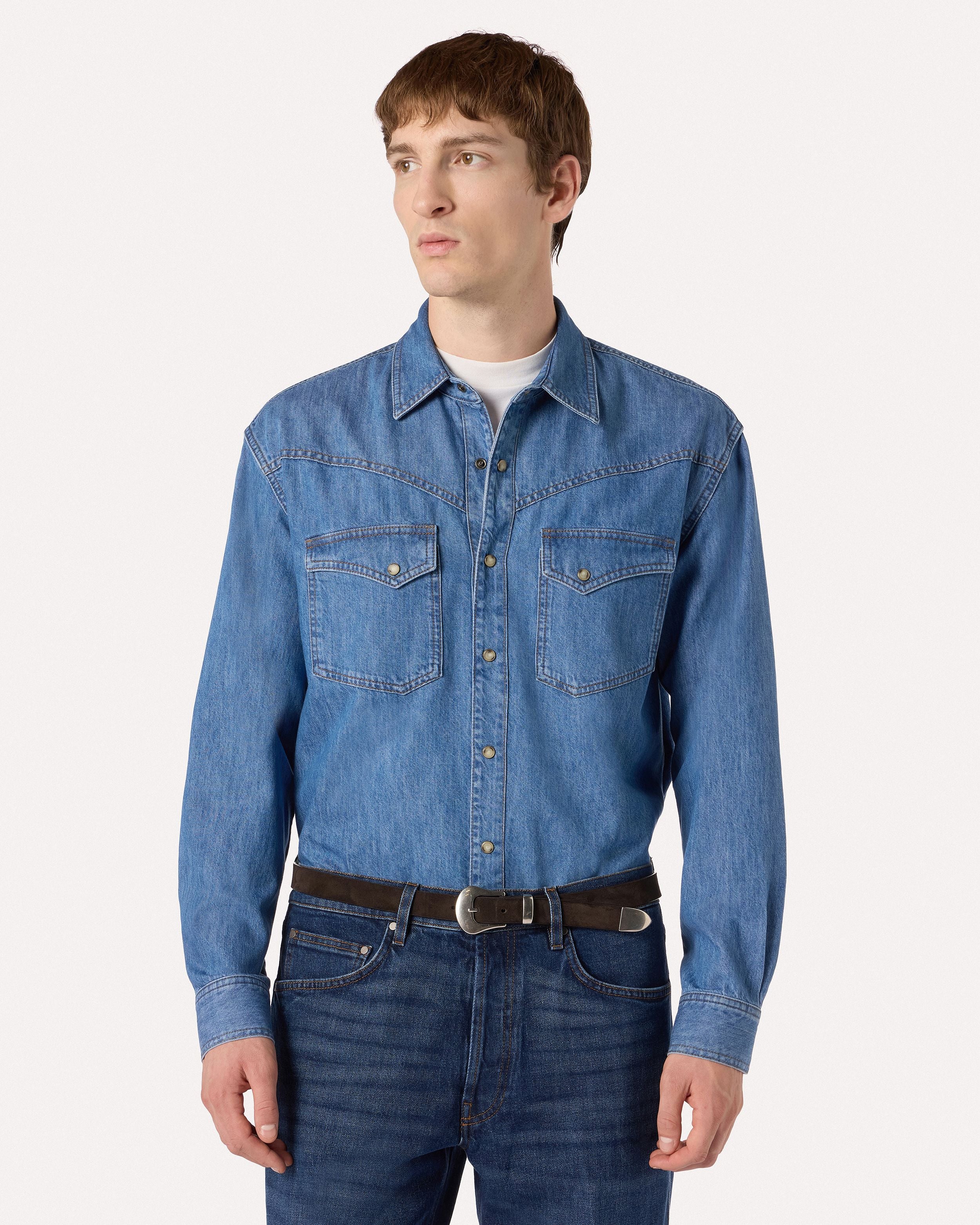 Camicia azzurra western in gabardine di cotone LIGHT BLUE Lardini 4