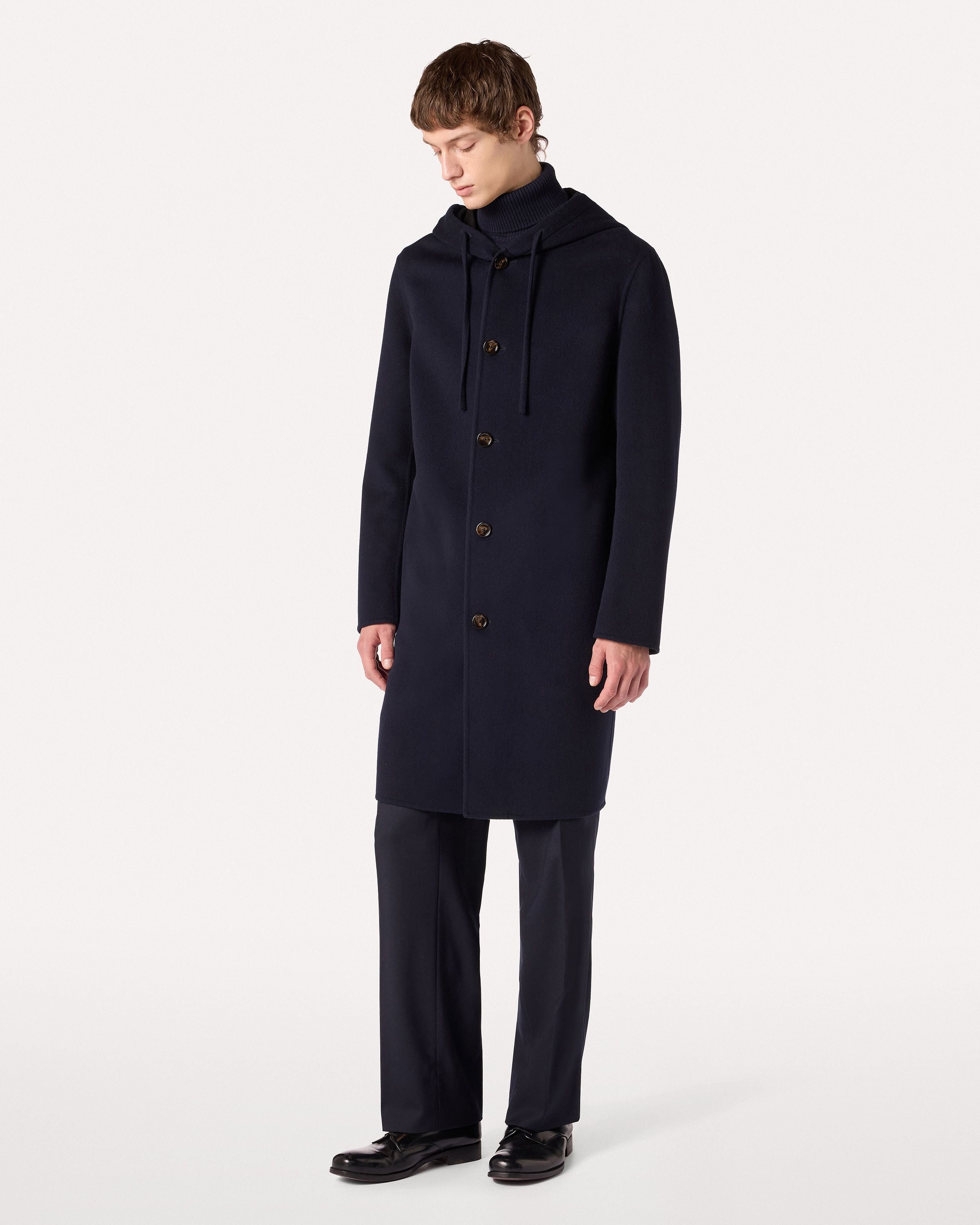 Cappotto monopetto blu con cappuccio e coulisse in lana BLUE/BLACK Lardini 4