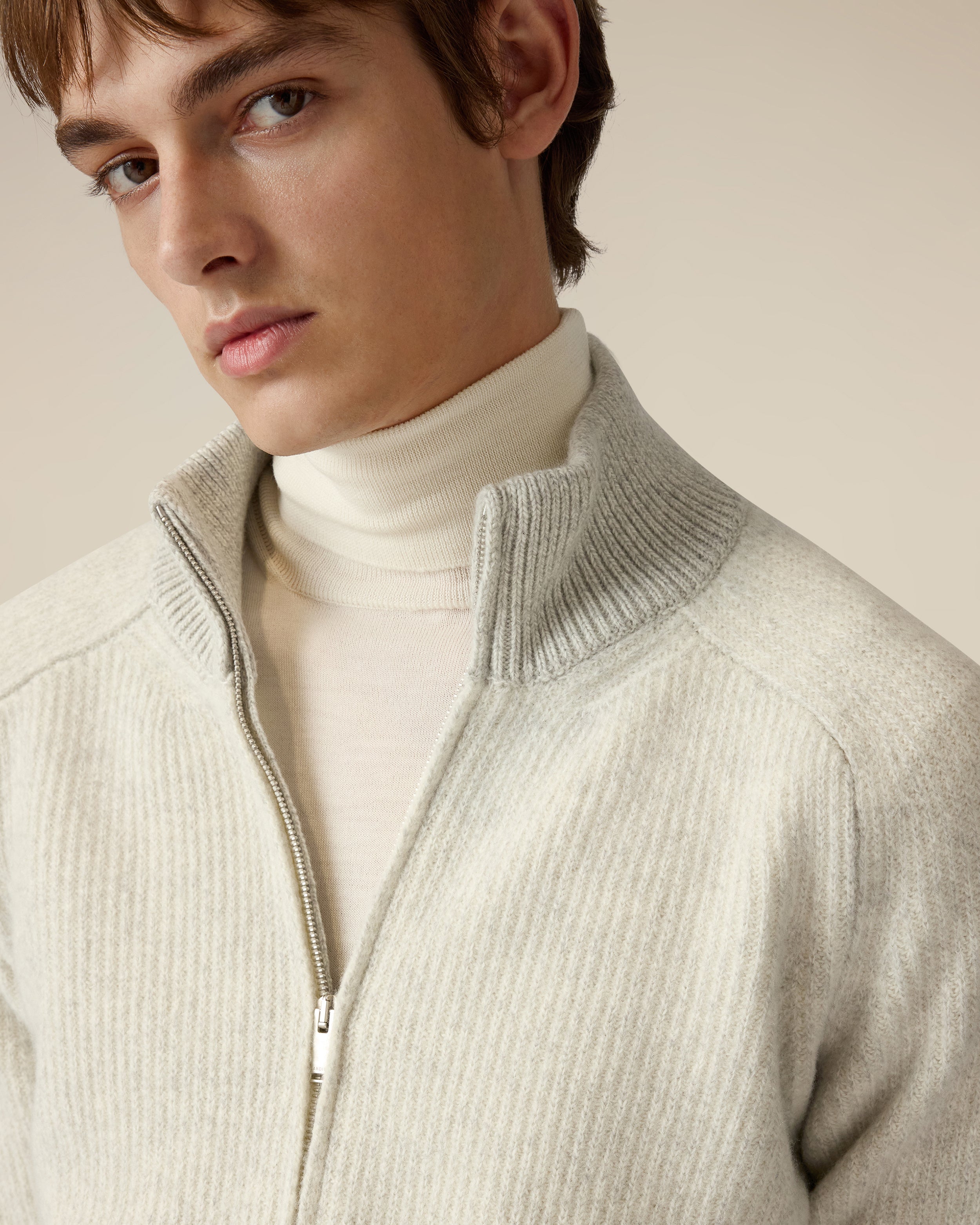 Full-zip wool and cashmere cardigan in cream and grey CREAM/GREY Lardini 3
