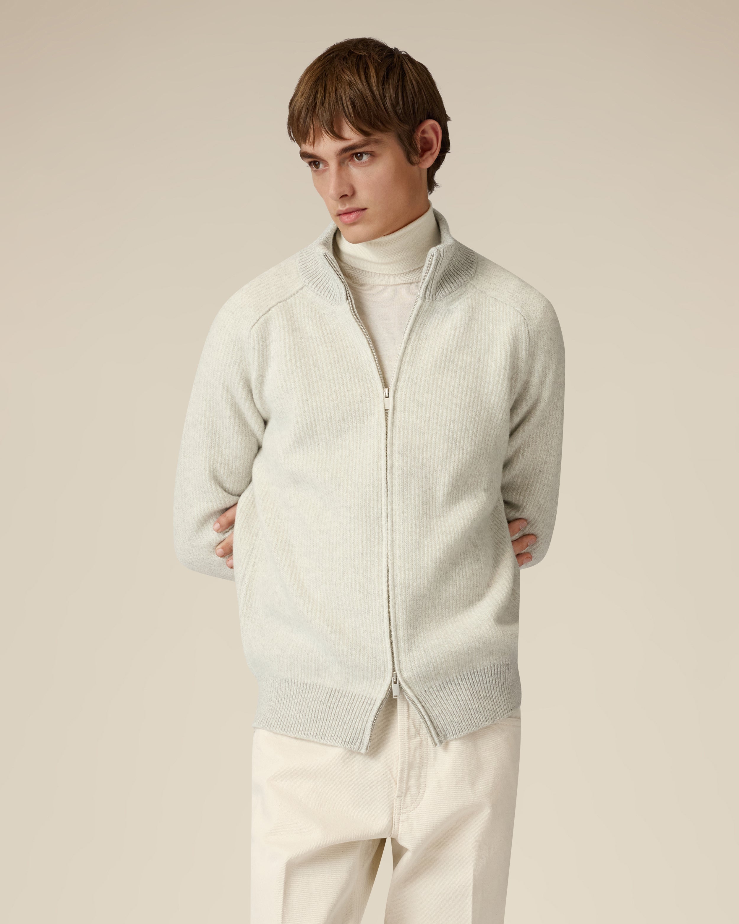 Full-zip wool and cashmere cardigan in cream and grey CREAM/GREY Lardini 4