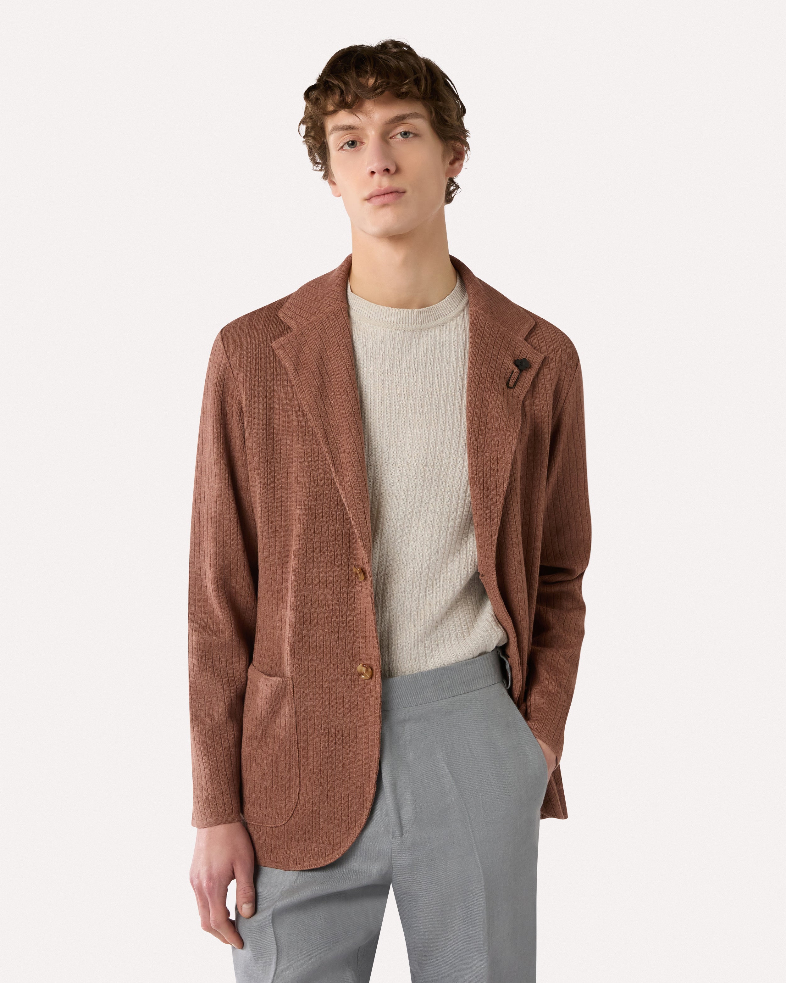 Brown single-breasted knit jacket, white, man | Lardini