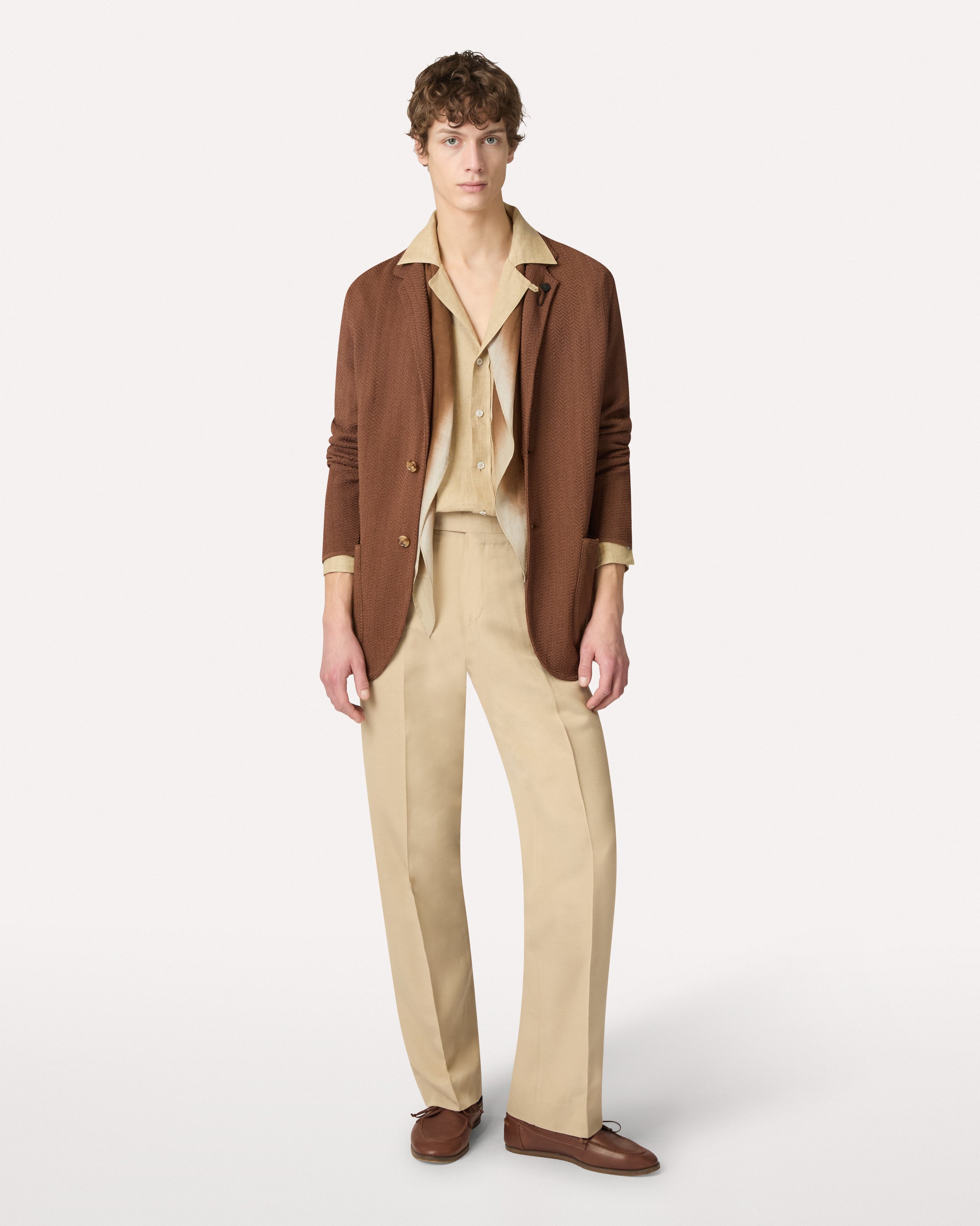 Brown jacquard knit jacket, white, man | Lardini