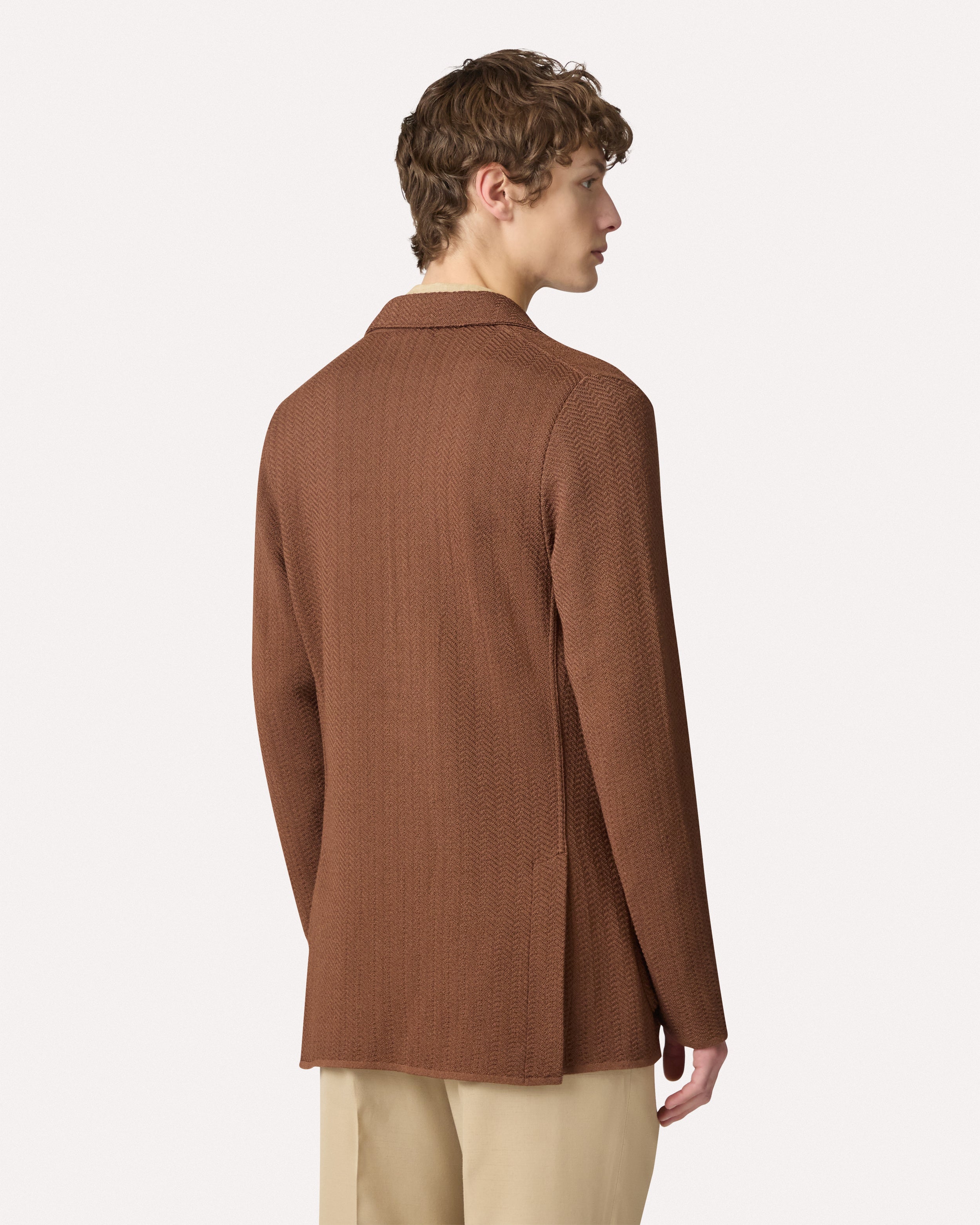Brown jacquard knit jacket, white, man | Lardini